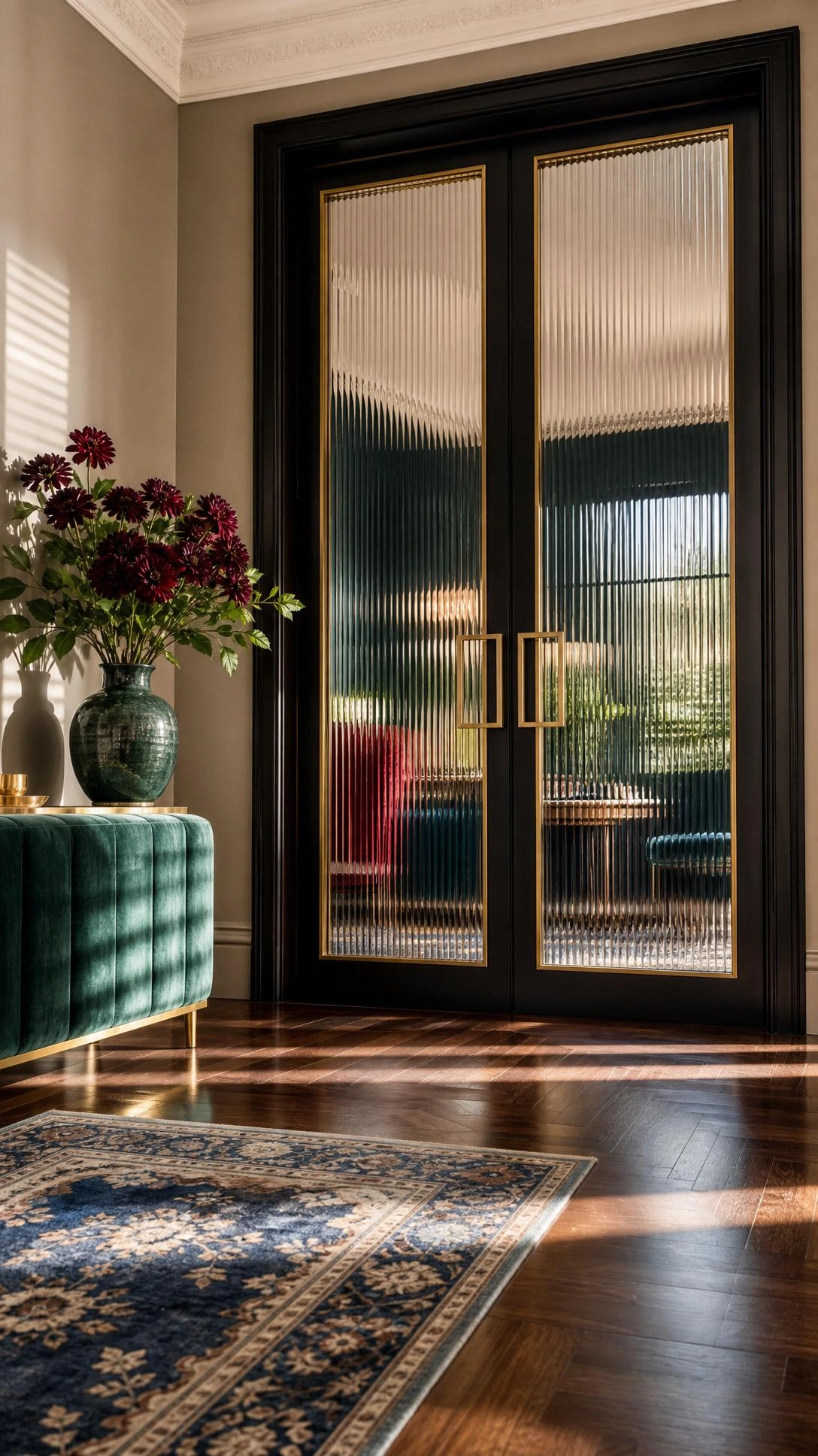 Art Deco fluted glass doors in brass and black frames rise from a walnut herringbone floor, adding glamorous privacy.