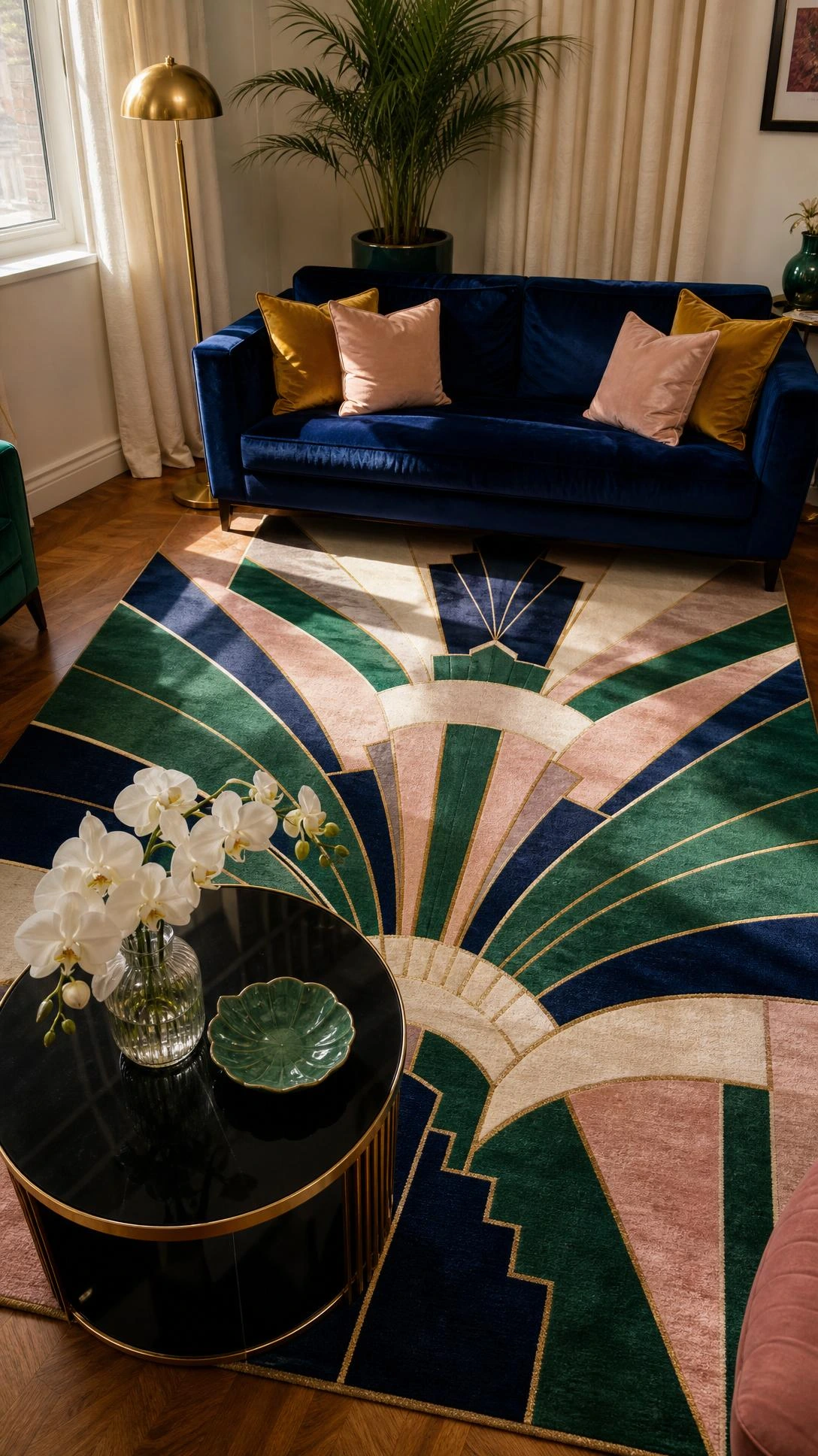 A plush Art Deco geometric rug with emerald, navy, ivory, blush, and gold fan and sunburst patterns anchors a glamorous living room