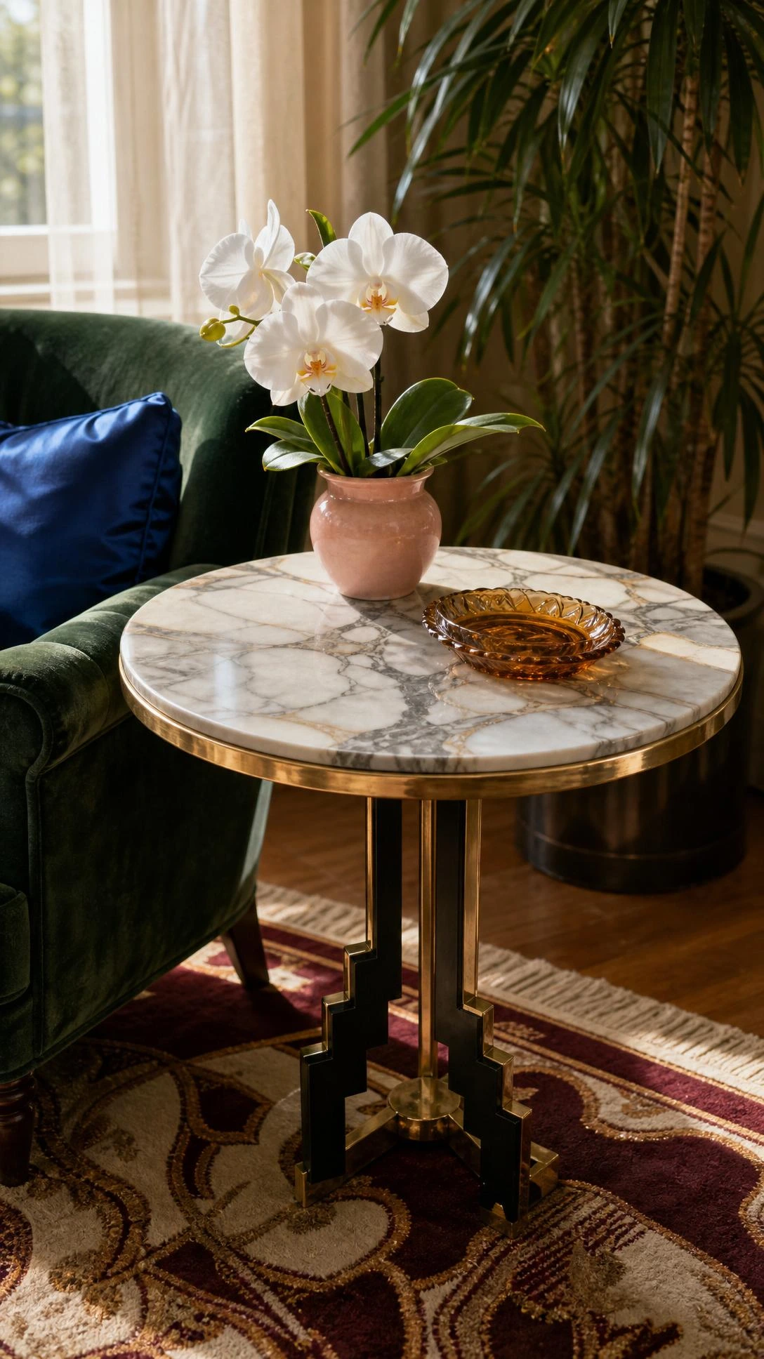 Art Deco marble accent table with veined white top, brass rim, stepped legs, and black accents beside emerald velvet seating