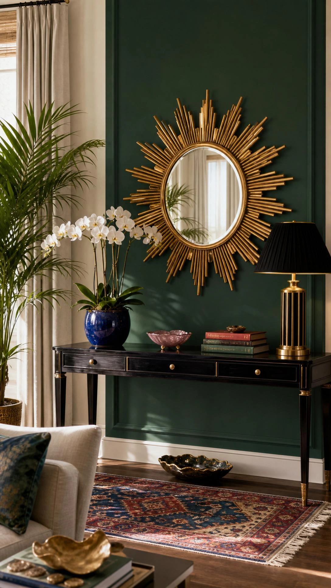 Art Deco sunburst mirror with gold brass rays centered above a slim lacquered console in a softly lit living room corner