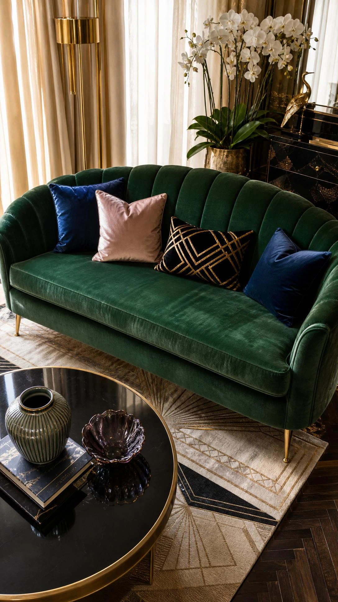 Emerald green Art Deco velvet sofa with scalloped channel tufting and brass legs anchors a luxe living room vignette