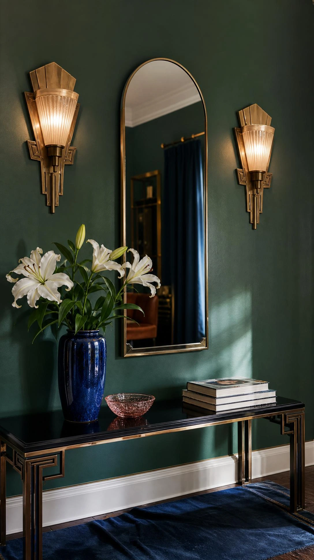 Art Deco wall sconces in aged brass glow on an emerald wall, framing ribbed glass shades with geometric symmetry
