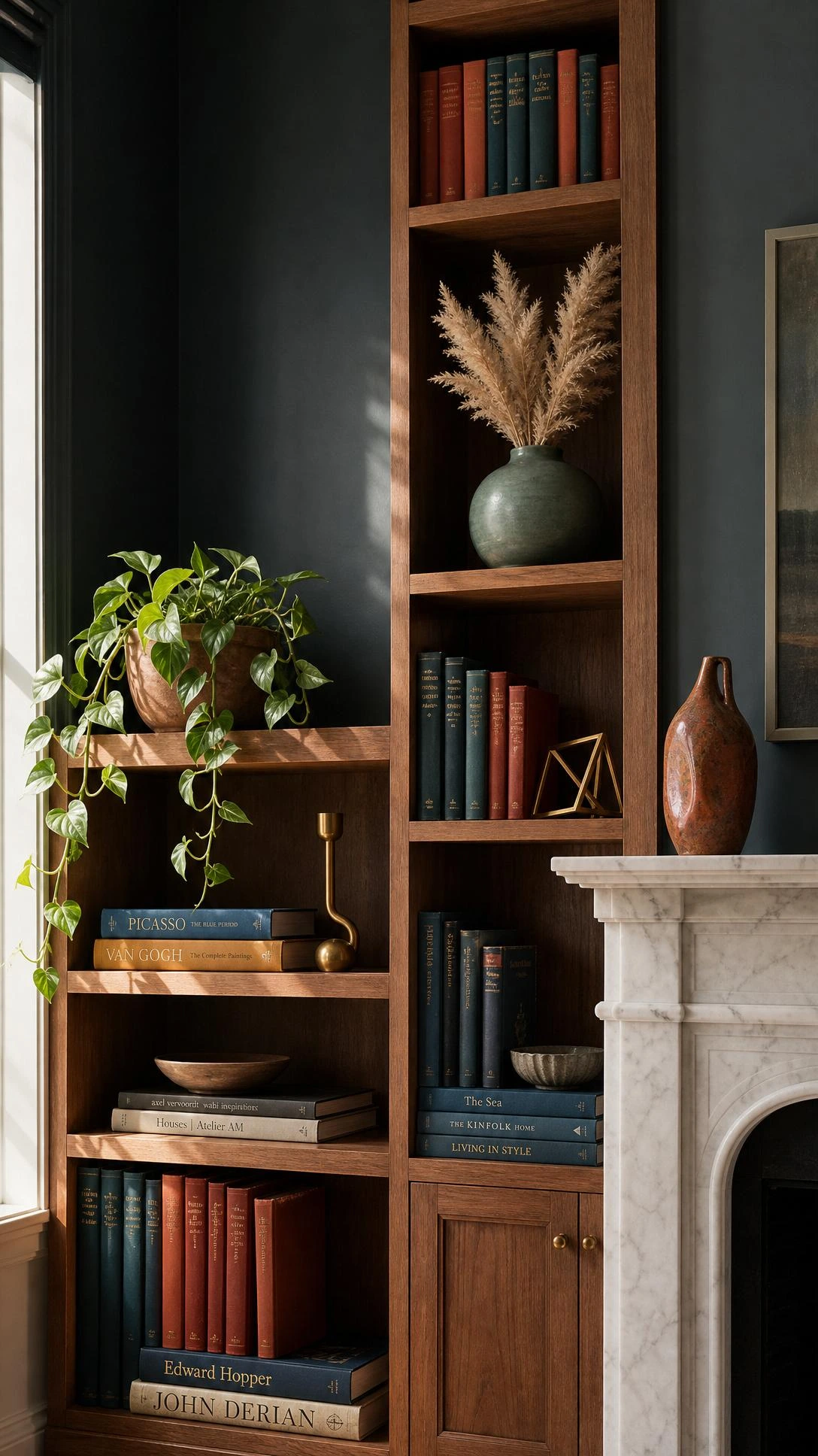 Asymmetrical built-in bookshelves flanking a white marble fireplace, with one side towering higher, styled with teal and terracotta accents for a modern feel