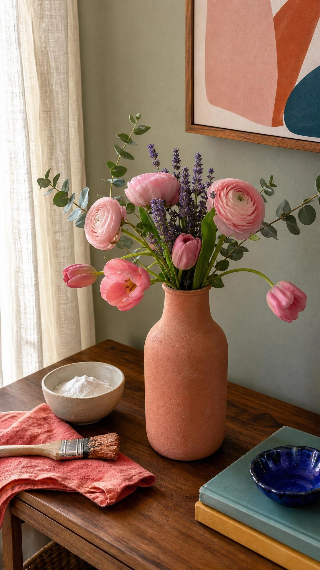 Baking soda ceramic vase on a styled console table, showing thrifted terracotta paint texture and designer-style budget decor