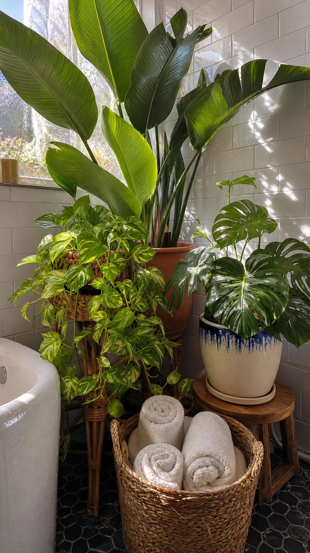 Lush tropical plant corner in a real bathroom featuring bird of paradise, trailing golden pothos on a rattan stand, and monstera deliciosa styled floor to ceiling