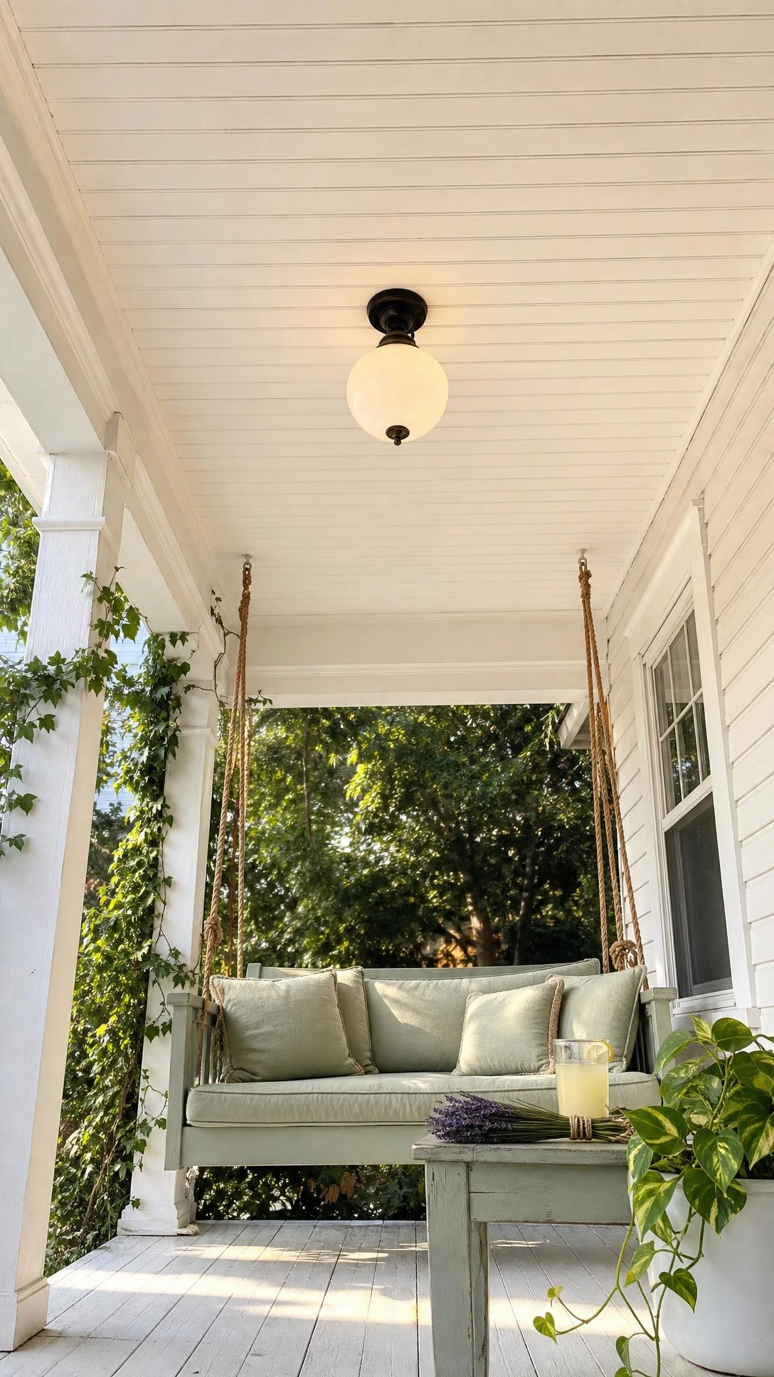 Classic white beadboard porch ceiling photographed from below, showing crisp horizontal tongue-and-groove planks with shadow grooves that define cottage-style curb appeal