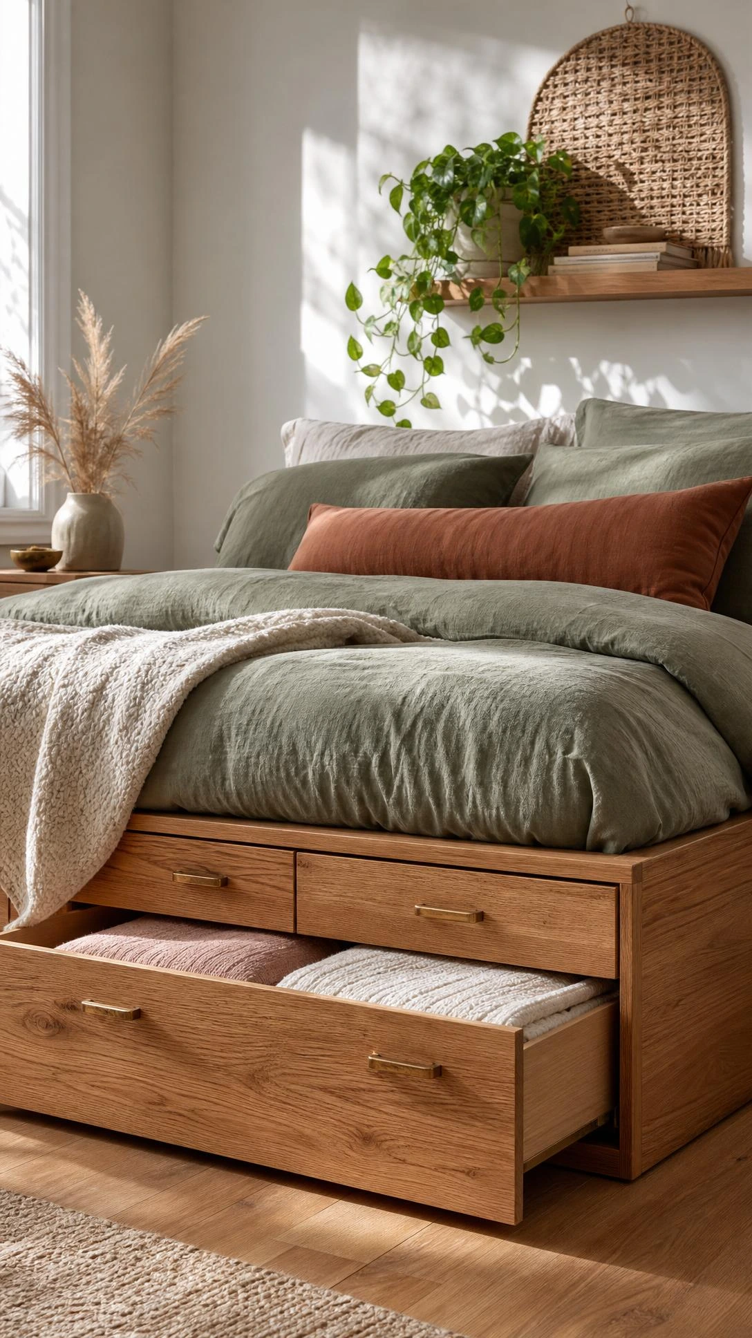 Low-profile oak bed frame with built-in storage drawers and brass pulls, showing how under-bed organization reclaims hidden bedroom space