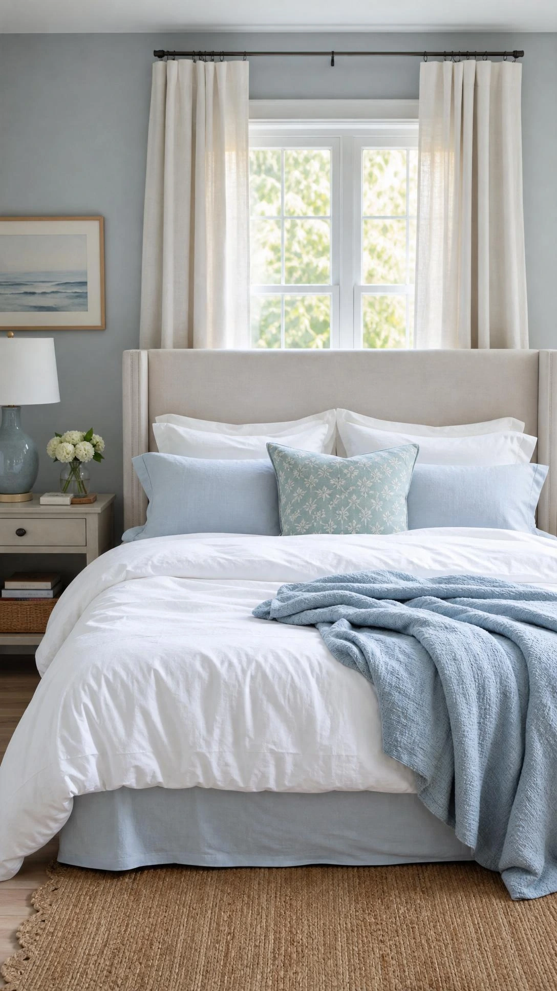 Light bedding in white, pale blue, and soft beige makes a summer bedroom feel cooler and brighter.