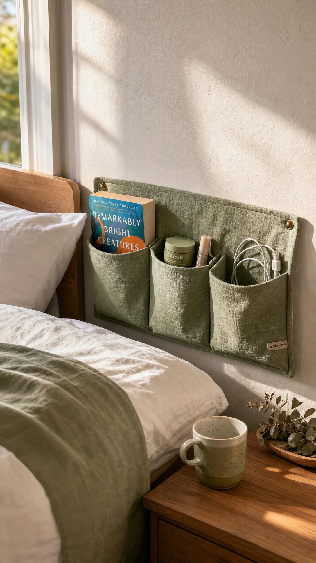 Linen wall-mounted bedside caddy in sage green hanging beside a neatly made bed, keeping a paperback and essentials organized without using nightstand space