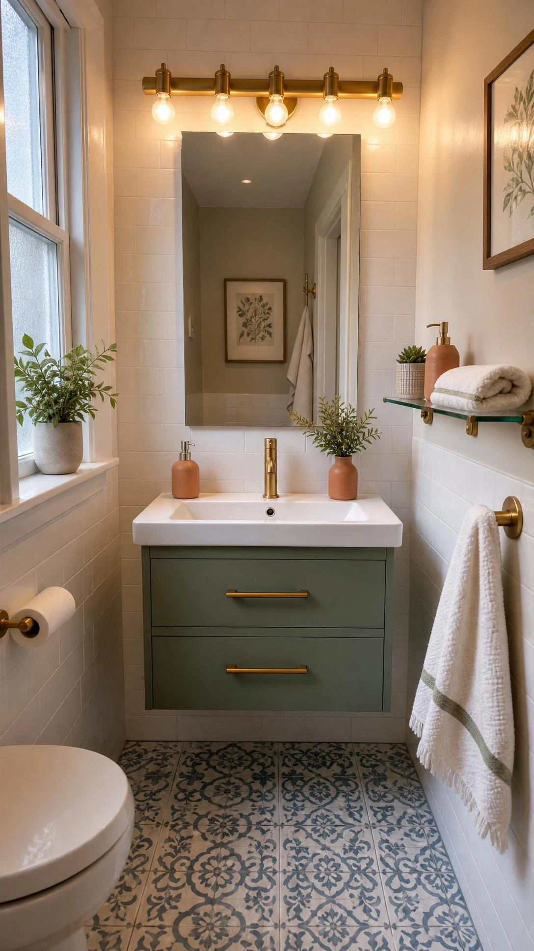Brushed gold LED vanity light bar mounted above a frameless mirror over a white pedestal sink, brightening a small modern bathroom without overhead fixtures