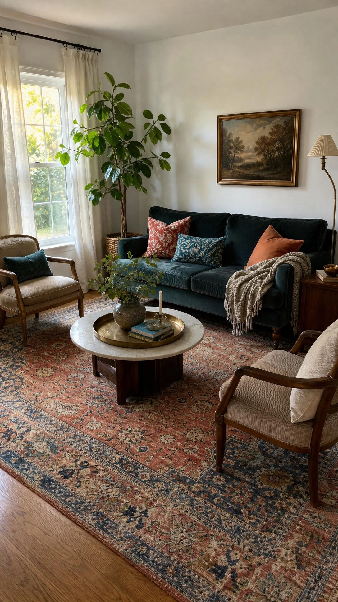 Small living room with bigger rug under furniture, vintage coral and indigo rug anchoring seating for a polished budget look.