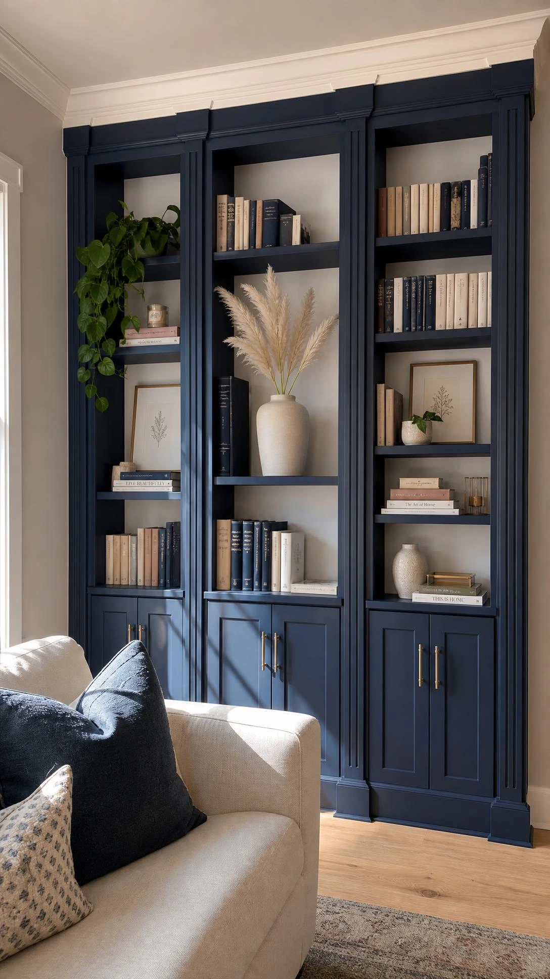 Navy blue BILLY bookcases transformed into floor-to-ceiling built-ins with crown molding and trim, looking like custom cabinetry in a living room