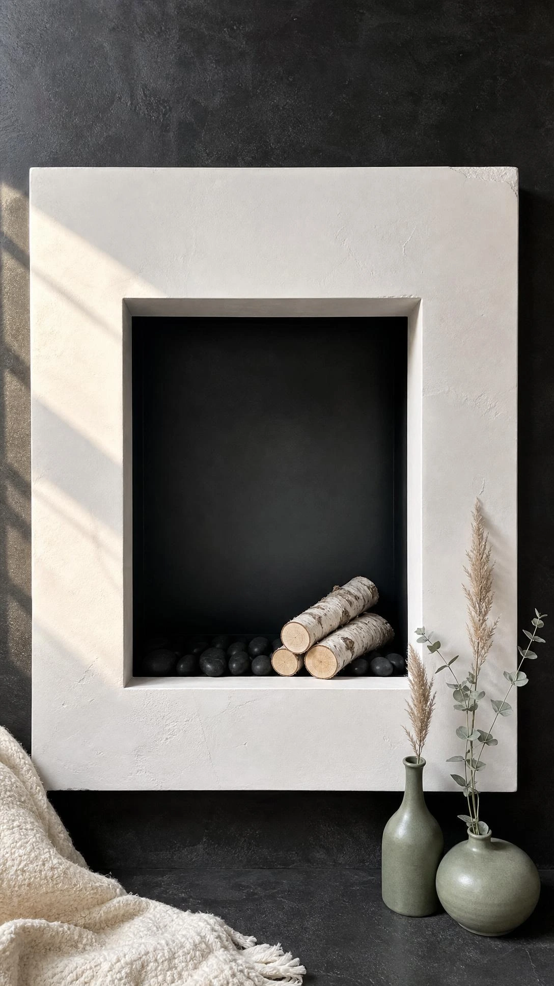Flat lay of a modern fireplace surround showing a crisp matte white frame against a deep black firebox interior, a high-contrast design that makes living rooms look expensive