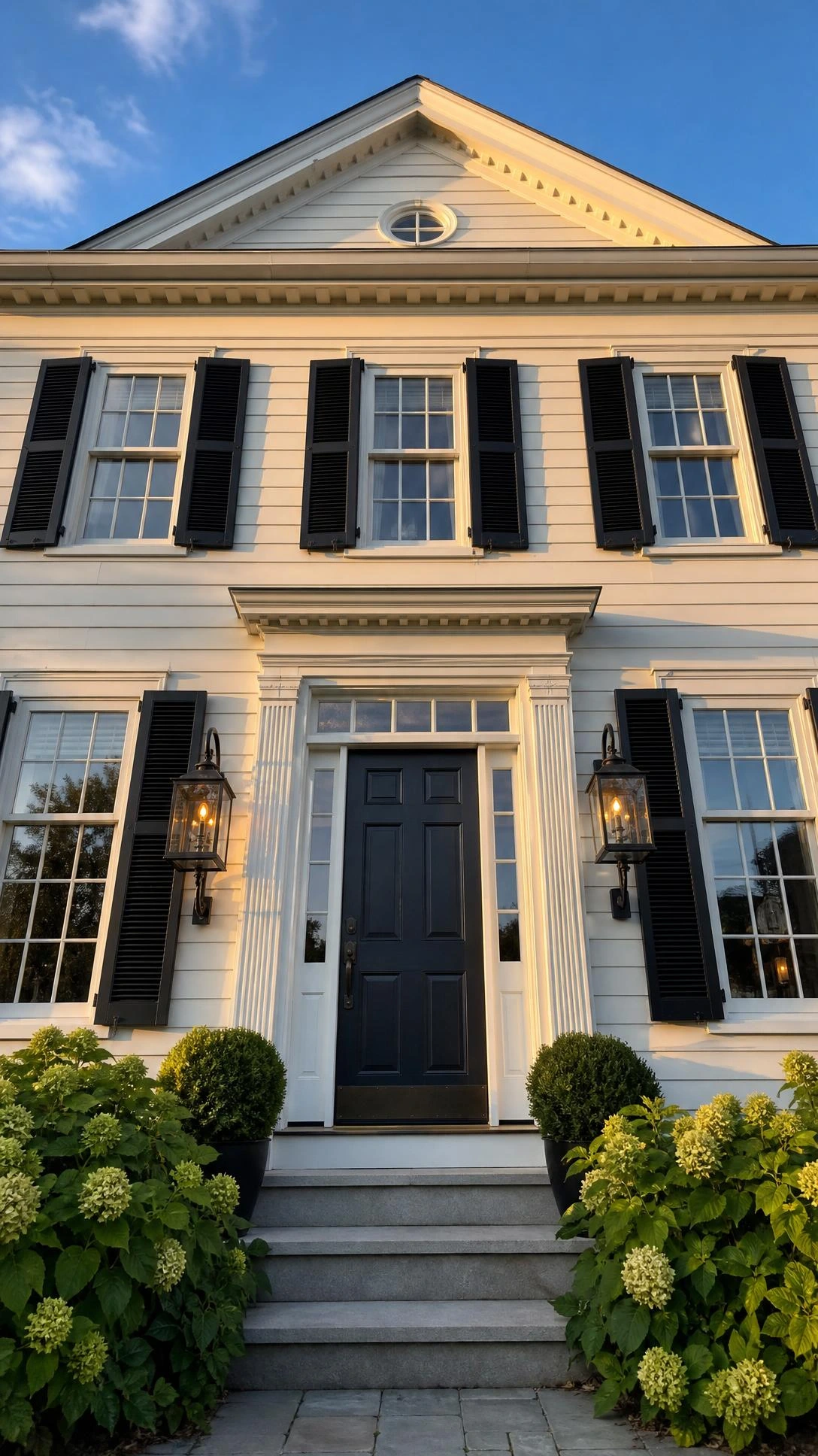 Two-story home with warm white siding and crisp matte black shutters framing each window, showing how black exterior accents create bold curb appeal