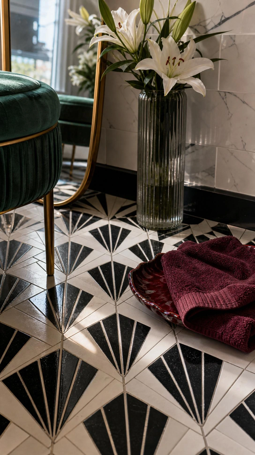 Black and white Art Deco tile floor with glossy fan-and-chevron pattern grounding a stylish bathroom or entry nook