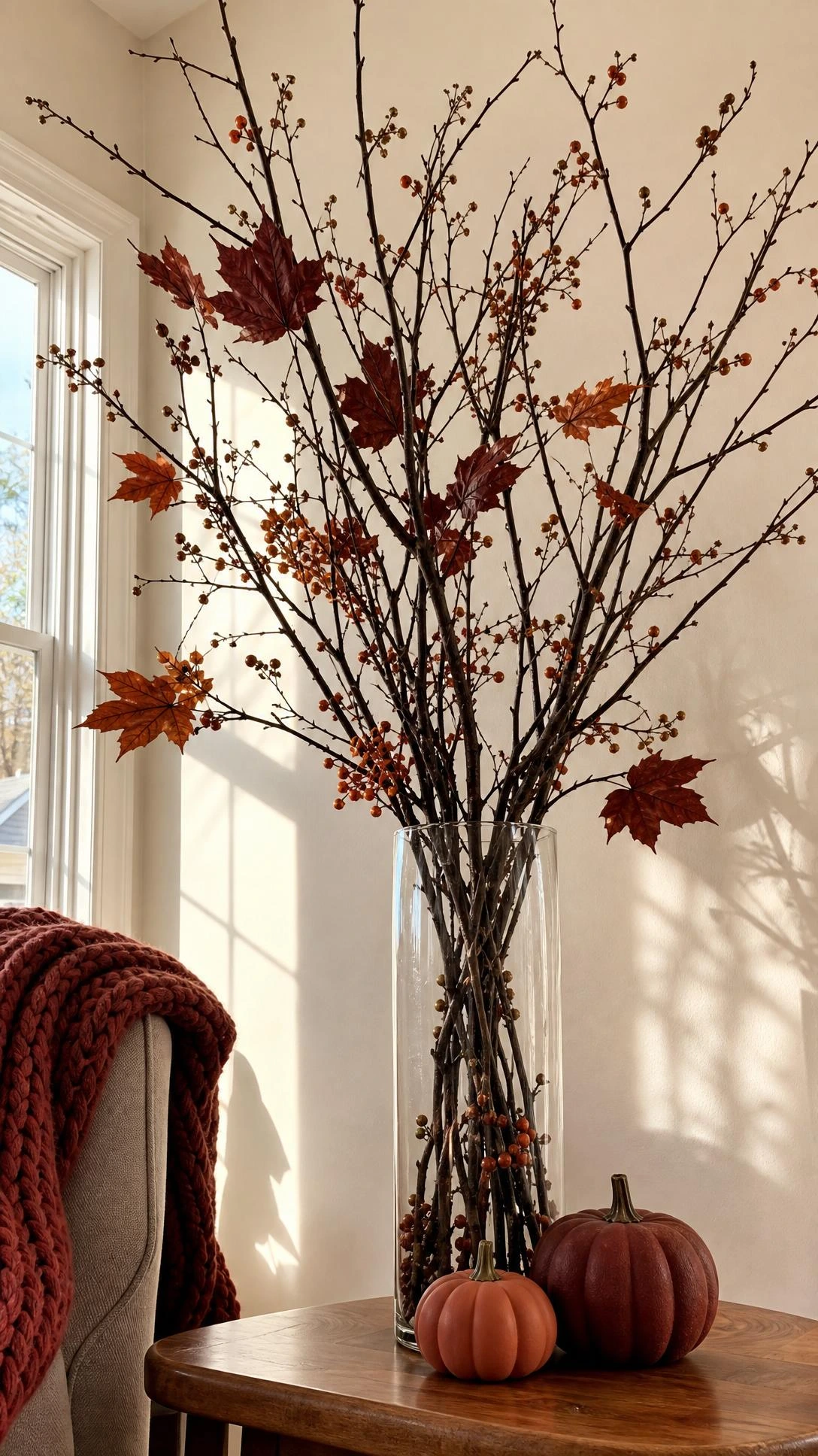 Tall clear glass vase on wooden side table holding bare autumn branches in burgundy and amber with dried orange berries and rust maple leaves — a striking fall decor centerpiece