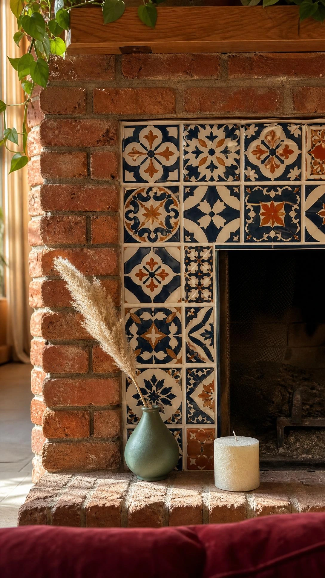 Close-up of a designer fireplace surround combining warm red-orange exposed brick with glossy hand-painted ceramic tiles in a geometric pattern around the firebox opening