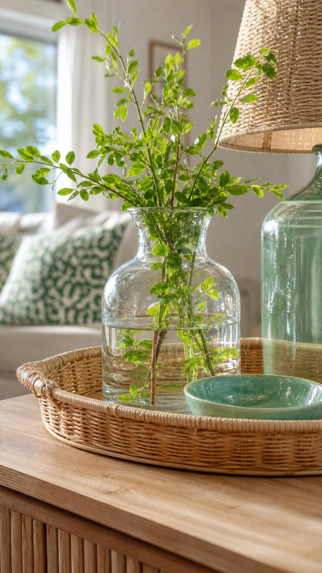 Glass and rattan accents with green stems add airy texture to a summer living room surface.