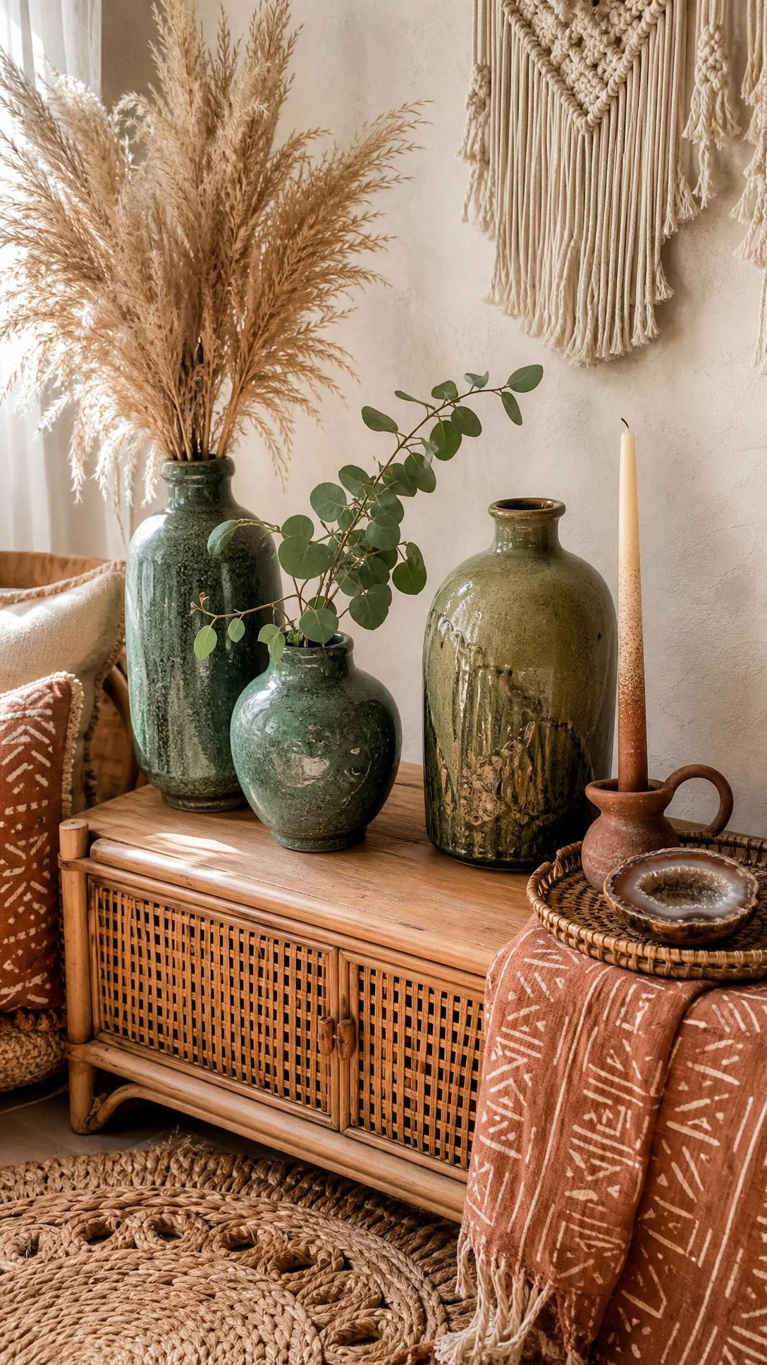 Cluster of hand-thrown green ceramic vases in sage, forest, and olive on a rattan shelf, showcasing boho living room texture and artisan character