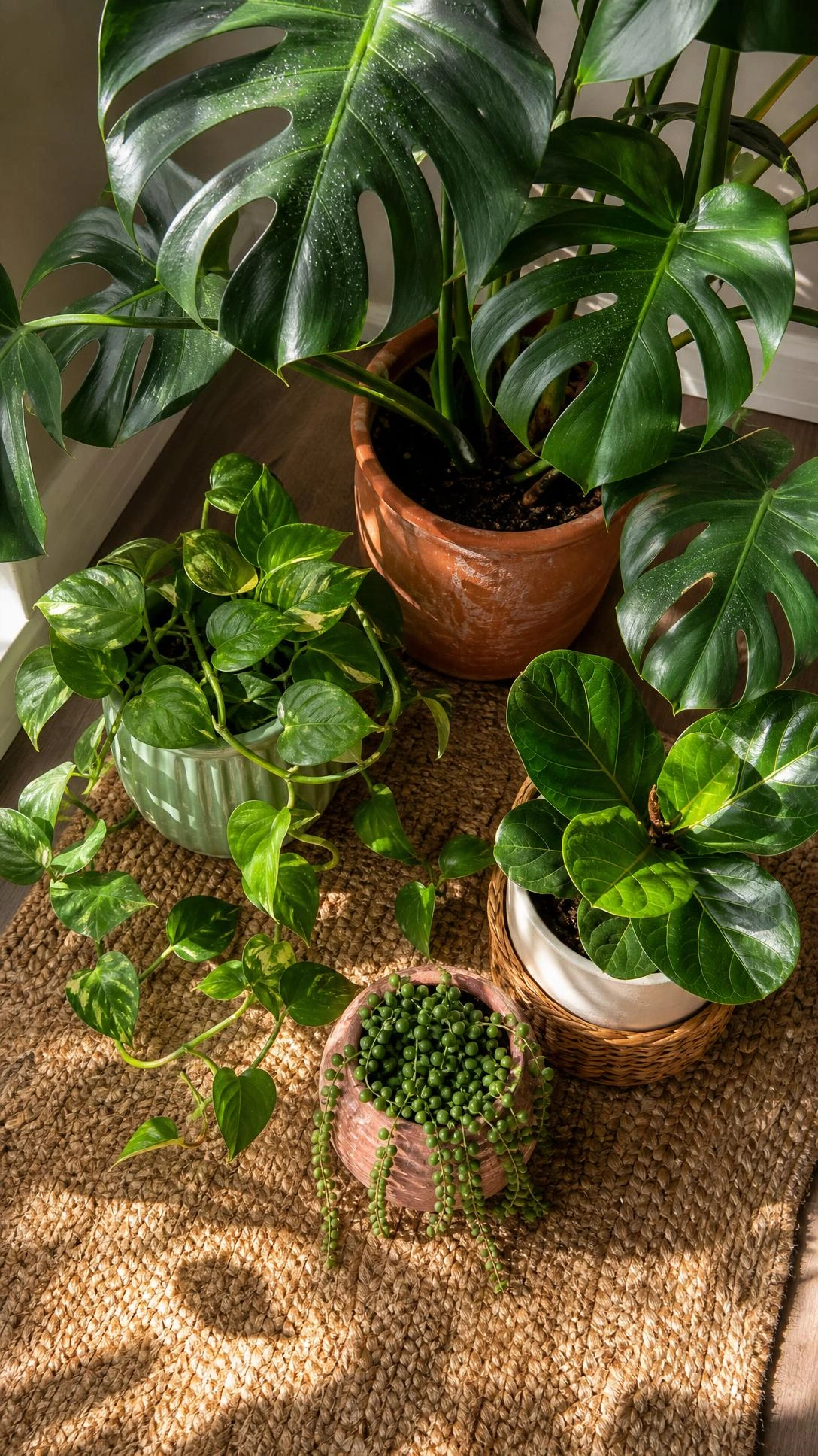 Overhead flat lay of a lush indoor plant corner with a monstera, trailing pothos, and fiddle leaf fig styled on a warm living room floor