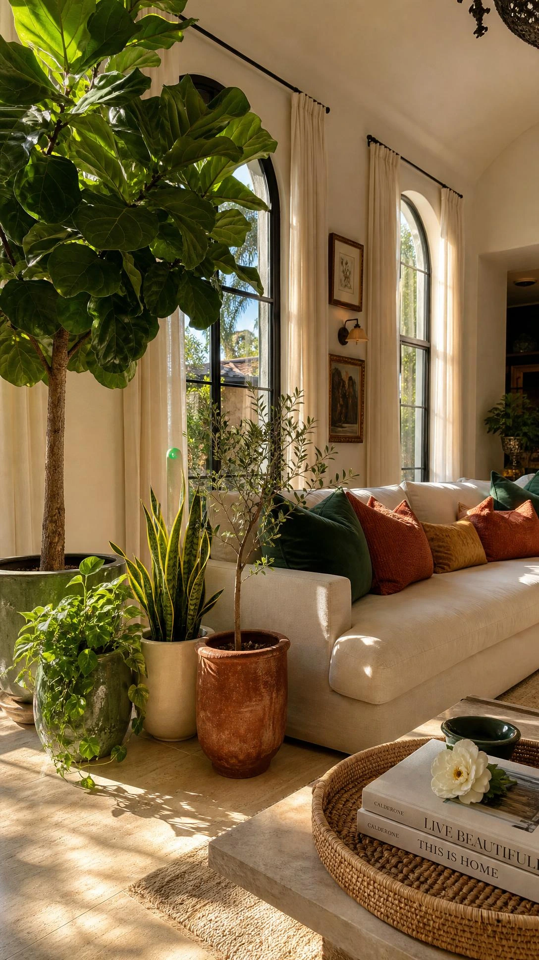 Sunlit luxury living room corner with arched windows, sheer linen curtains, and a fiddle-leaf fig tree drawing natural light deep into the eclectic interior