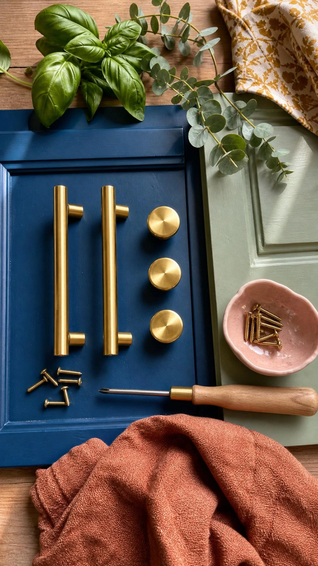 Brushed brass cabinet hardware laid with screws and screwdriver on peacock-blue and sage cabinet samples for a budget upgrade
