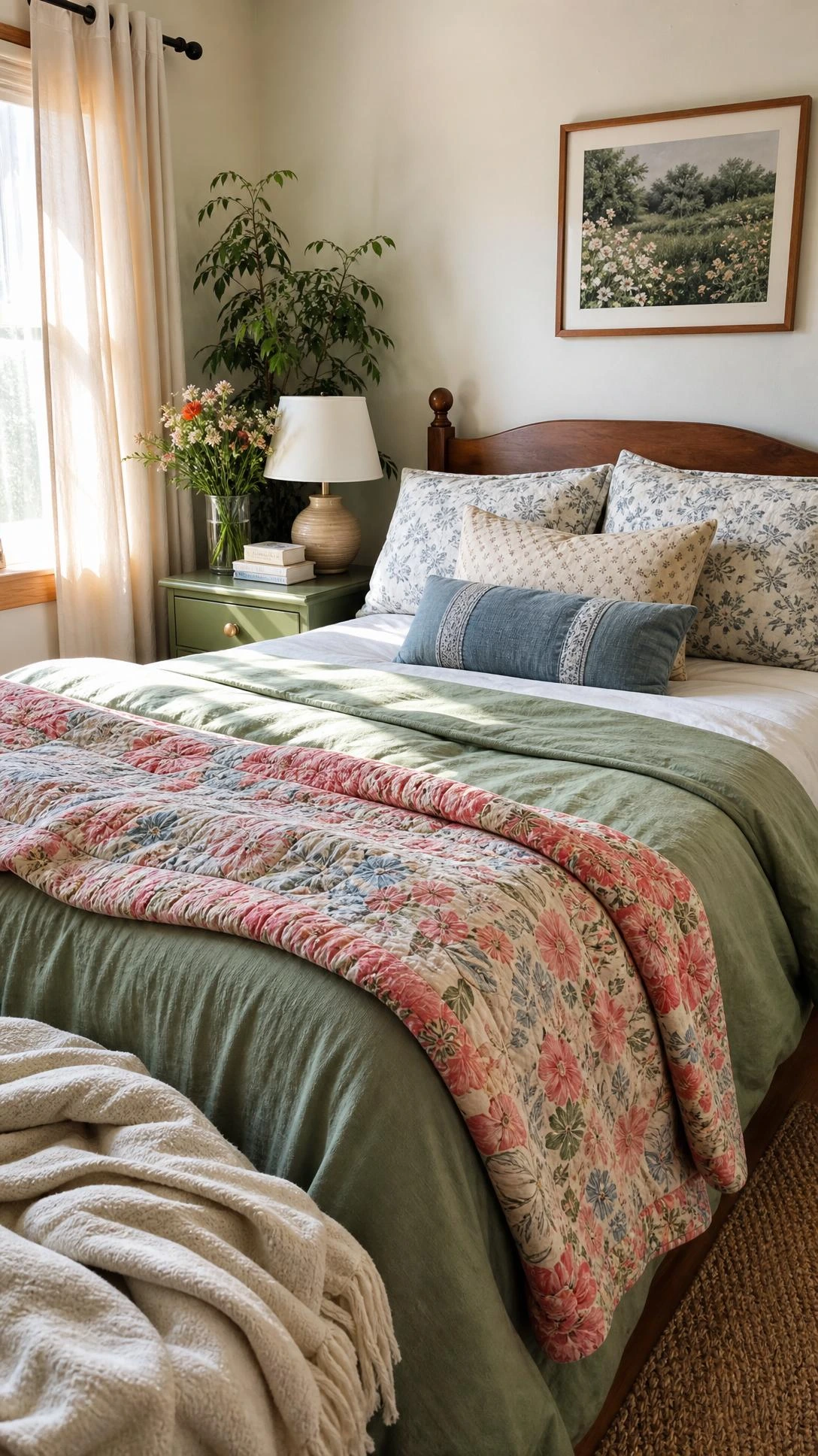 Budget bedroom refresh with crisp white sheets, sage duvet, thrifted floral quilt, and mismatched patterned pillows.