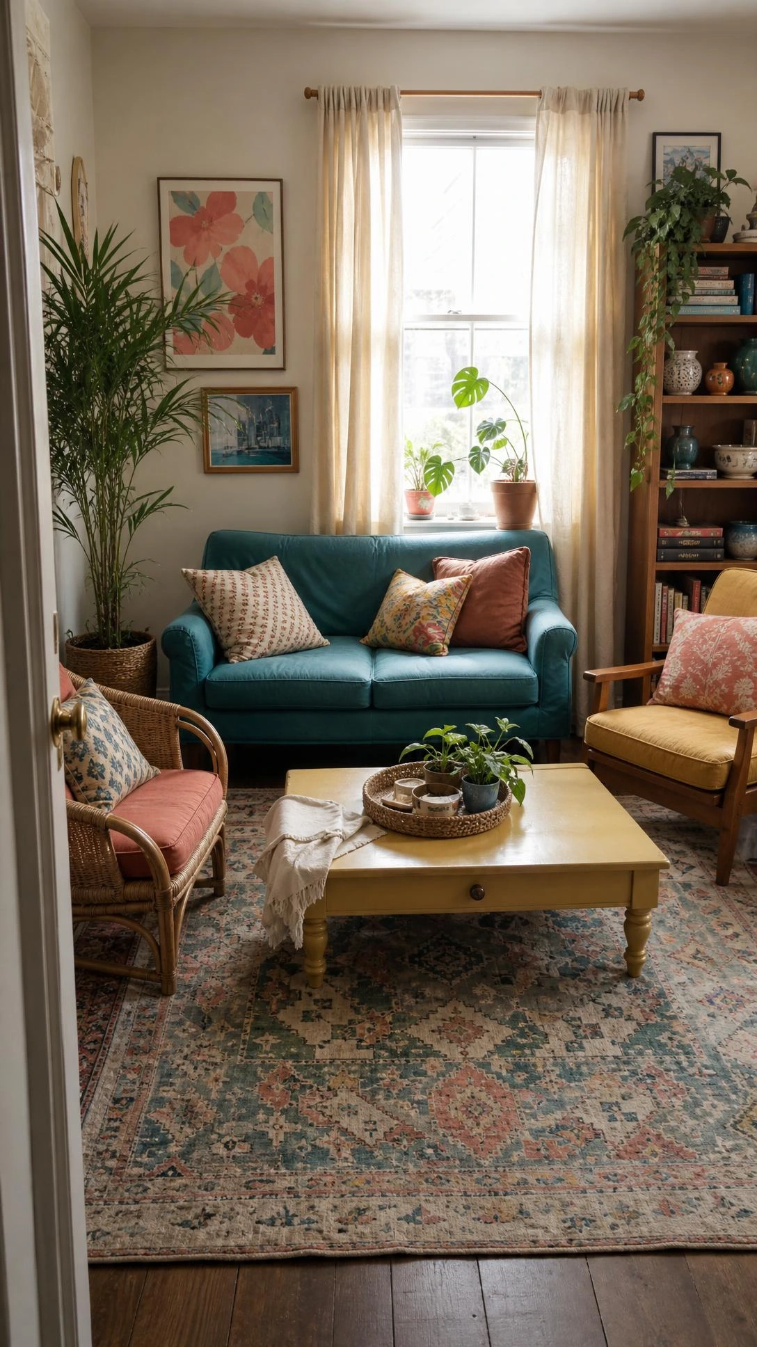 Budget living room layout with a thrifted teal loveseat and mismatched accent chairs arranged in a small apartment.