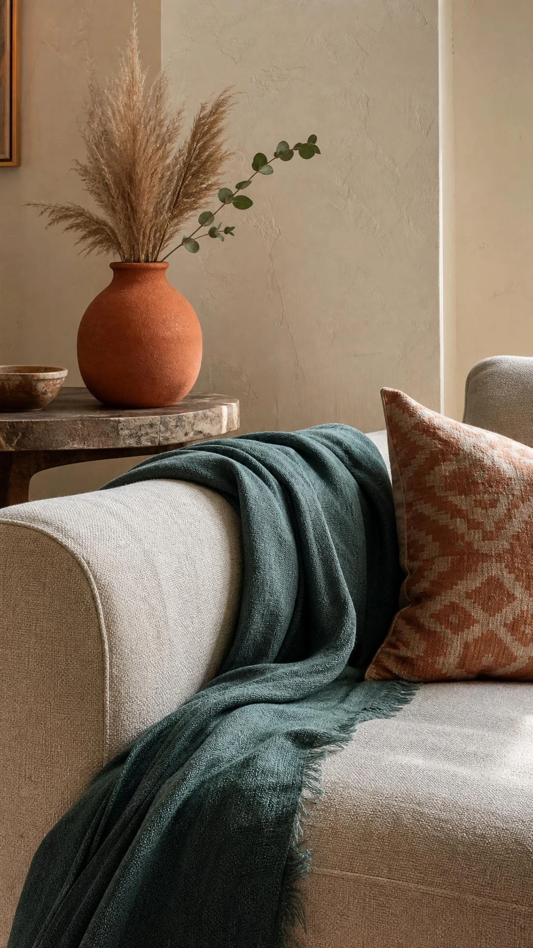 Ivory linen sofa arm with nubby texture layered with a deep jewel-toned throw, showing how eclectic interior design builds warmth from a neutral base