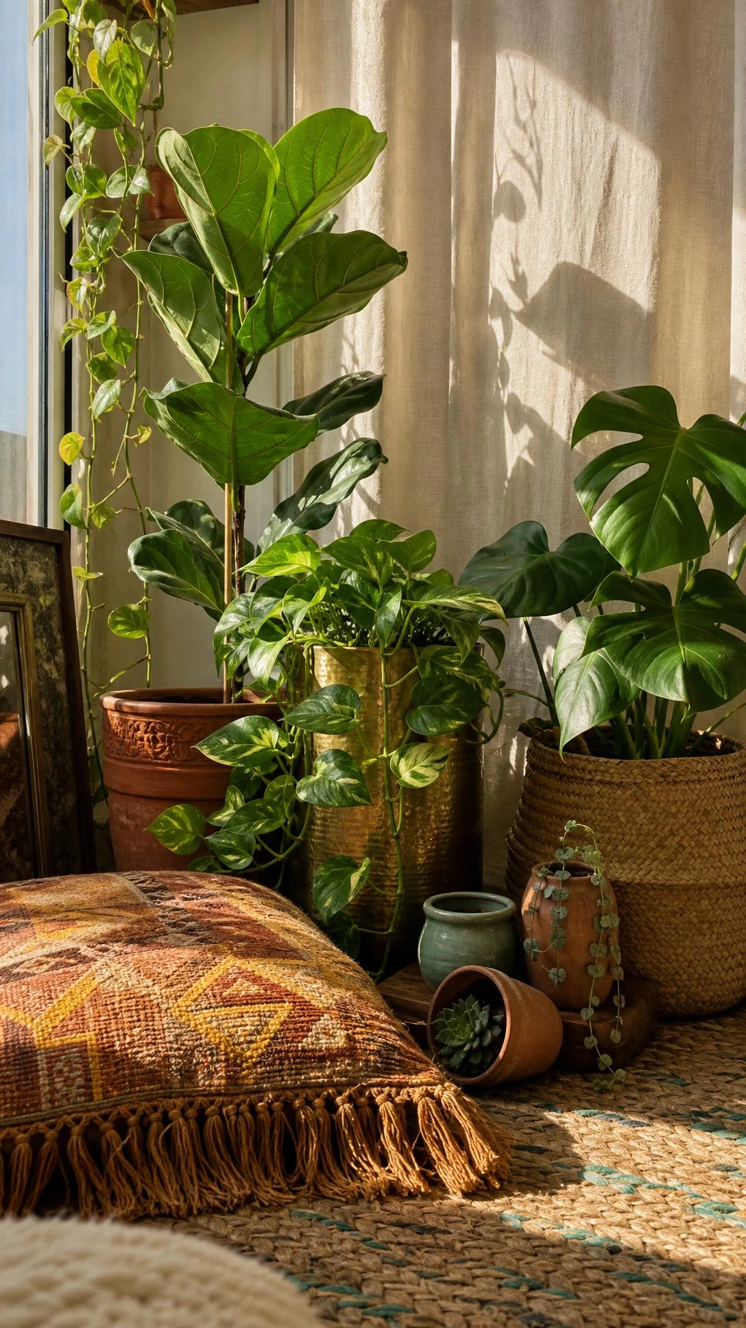 Lush boho plant corner with a chunky rust and mustard floor cushion on a layered jute rug, bathed in soft natural daylight for a cozy, textured feel