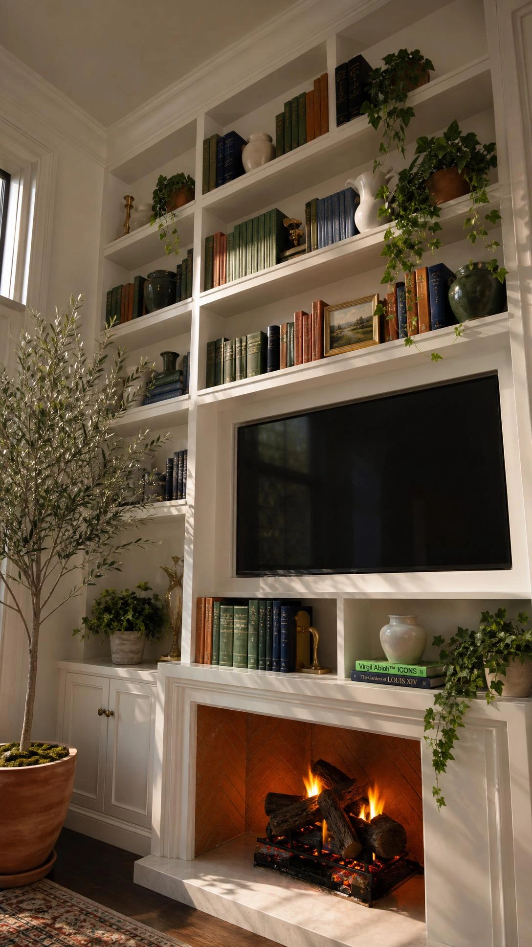 Floor-to-ceiling built-in bookcases flank a fireplace with a seamlessly integrated TV niche, showcasing how smart millwork combines storage and entertainment in one wall