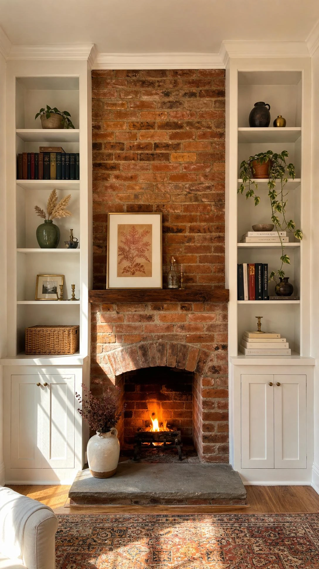 Floor-to-ceiling white built-in shelves flanking a rustic brick fireplace with warm terracotta tones, showing a symmetrical designer-styled living room layout
