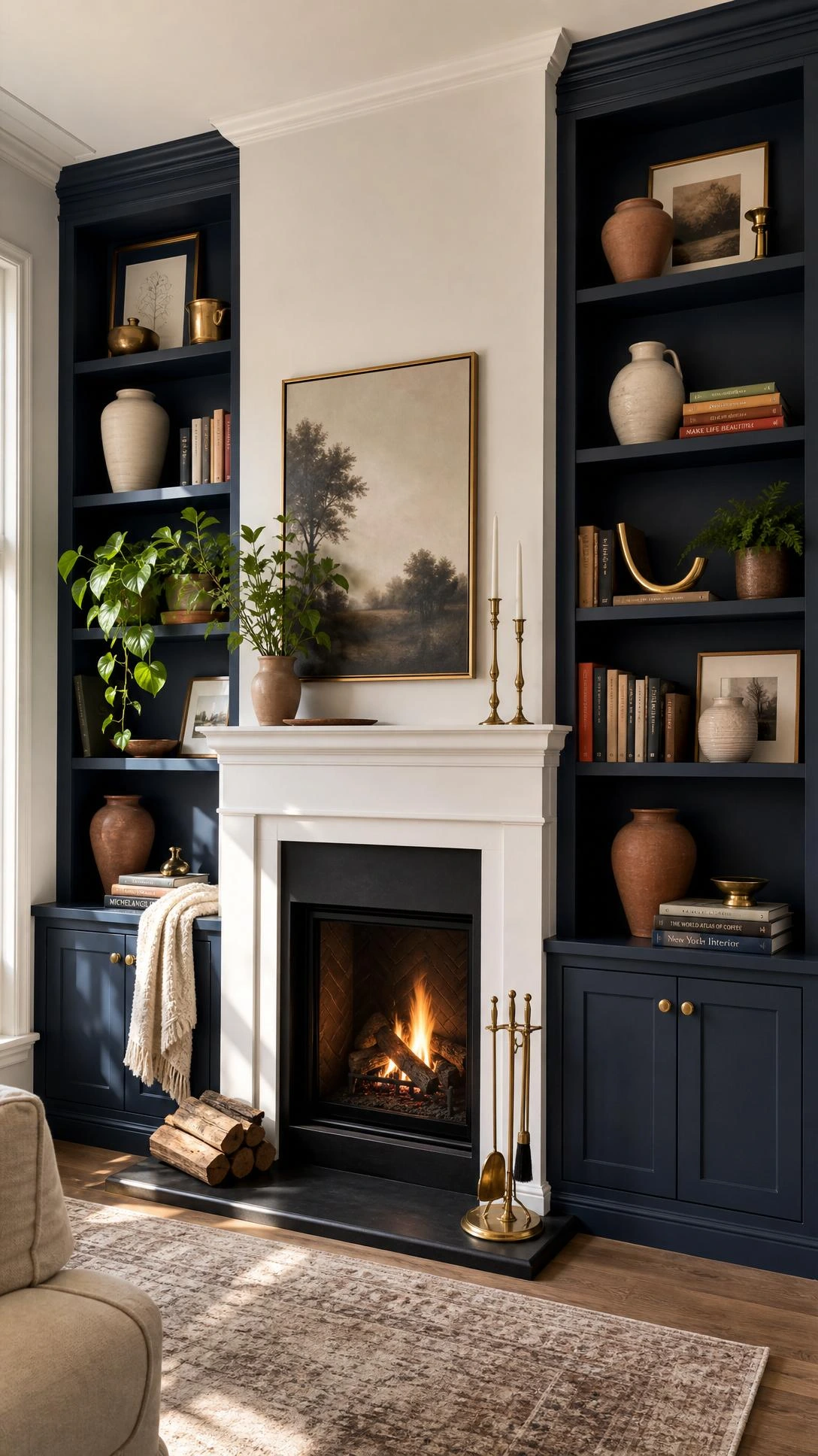 Floor-to-ceiling built-in shelving flanking a white fireplace surround with black interior and glowing flames, creating an expensive-looking living room focal wall