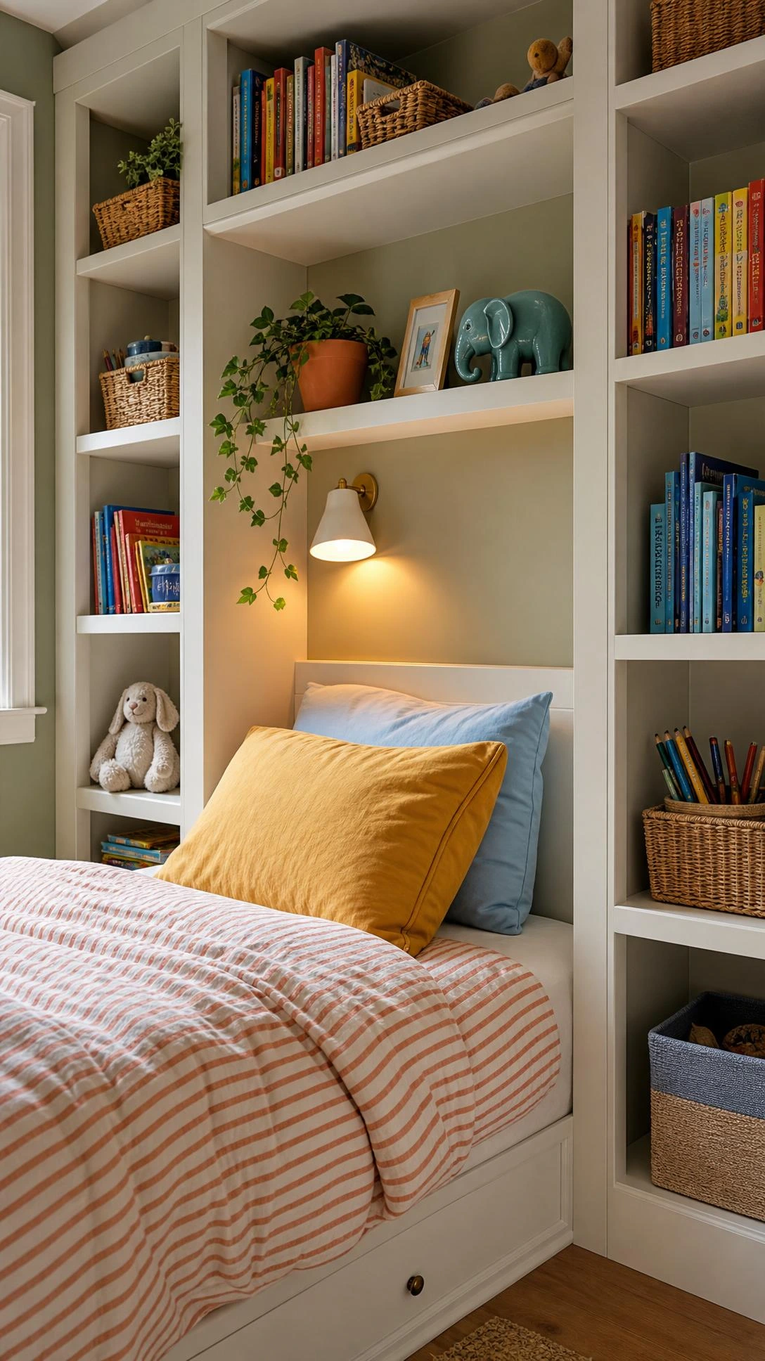 Floor-to-ceiling built-in storage unit framing a child's single bed on three sides, with white MDF shelving and a sage green accent wall maximizing a small bedroom's vertical space