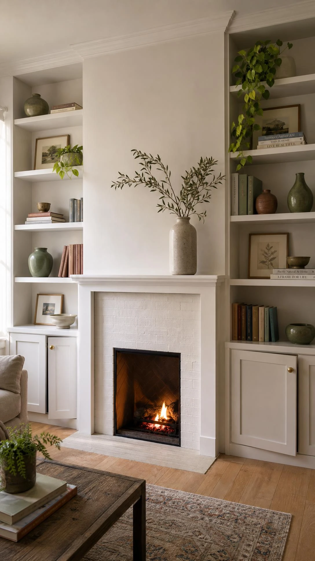 Small living room with white wood fireplace flanked by floor-to-ceiling built-in shelving units, showing how vertical storage maximizes space around an open fireplace
