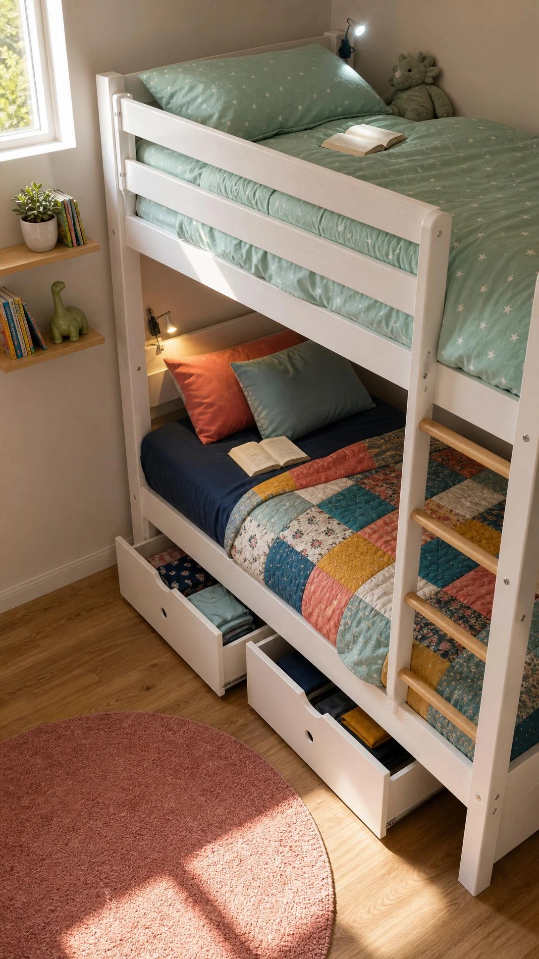 White wooden bunk bed in a small shared kids bedroom with navy lower bunk and mint upper bunk, maximizing vertical space for two children