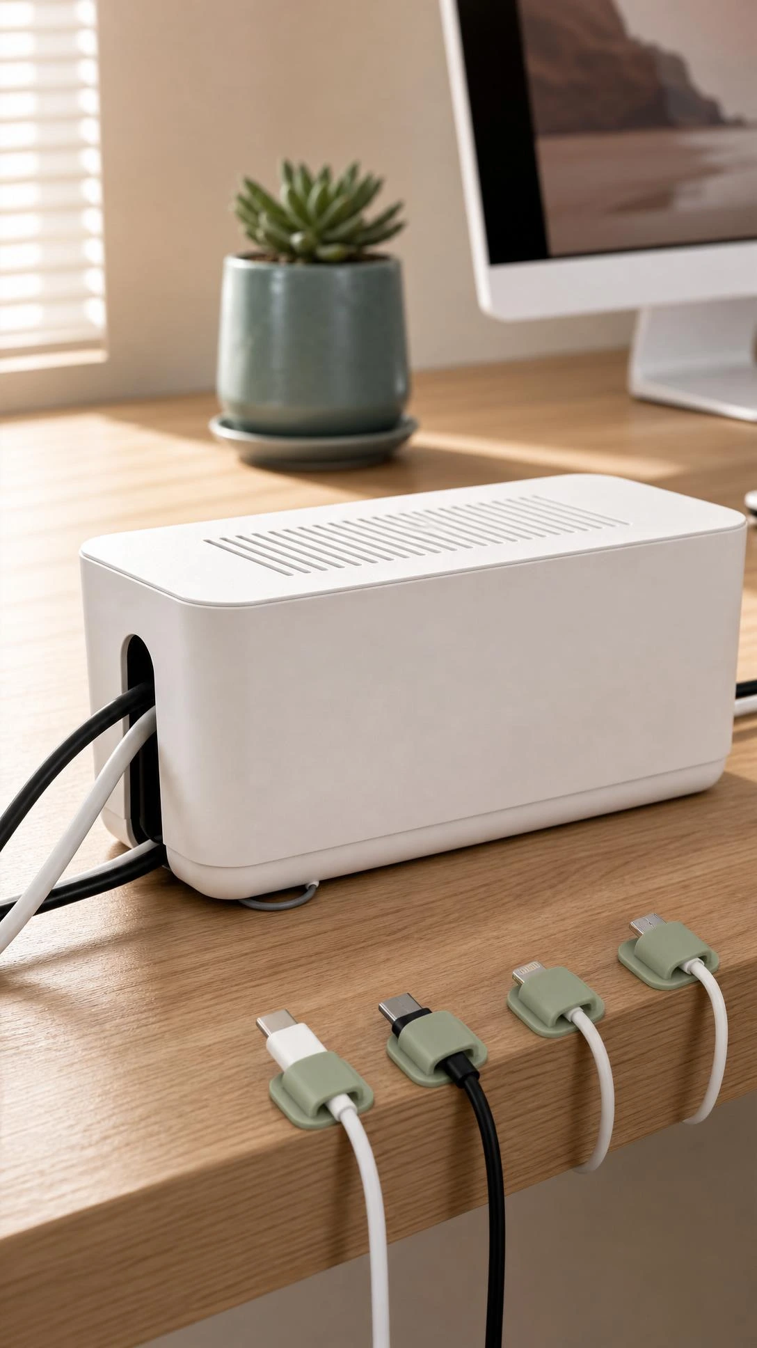 White cable management box on a home office desk with black and white power cords routed neatly through side openings, keeping the desk surface completely tangle-free
