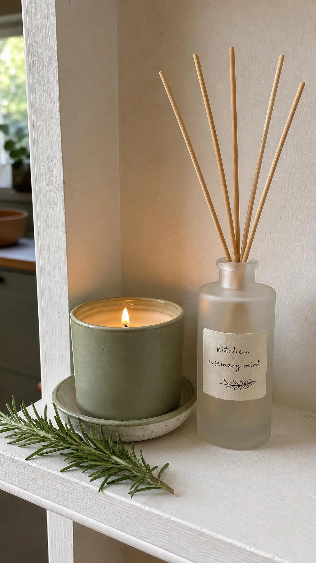 Matte sage green ceramic candle with lit amber flame and slim reed diffuser styled together on a narrow kitchen entrance shelf in soft natural light