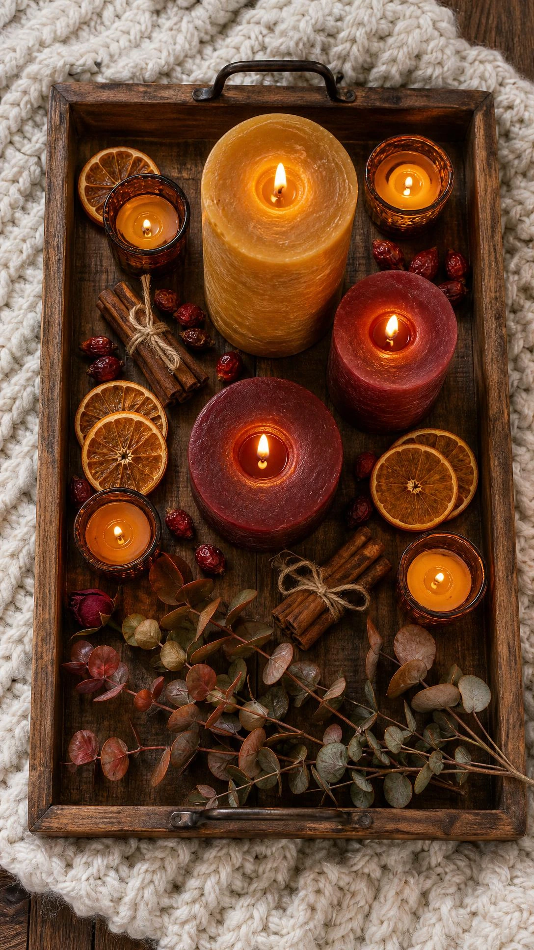 Overhead flat lay of a rustic wooden tray holding lit amber and burgundy pillar candles in varying heights, creating a warm fall candlescape for a cozy living room coffee table