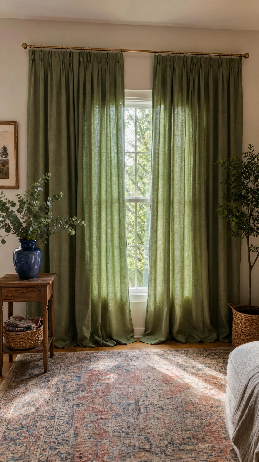 Sage green curtains hung just below the ceiling show the ceiling height curtain hack making a budget living room look taller.