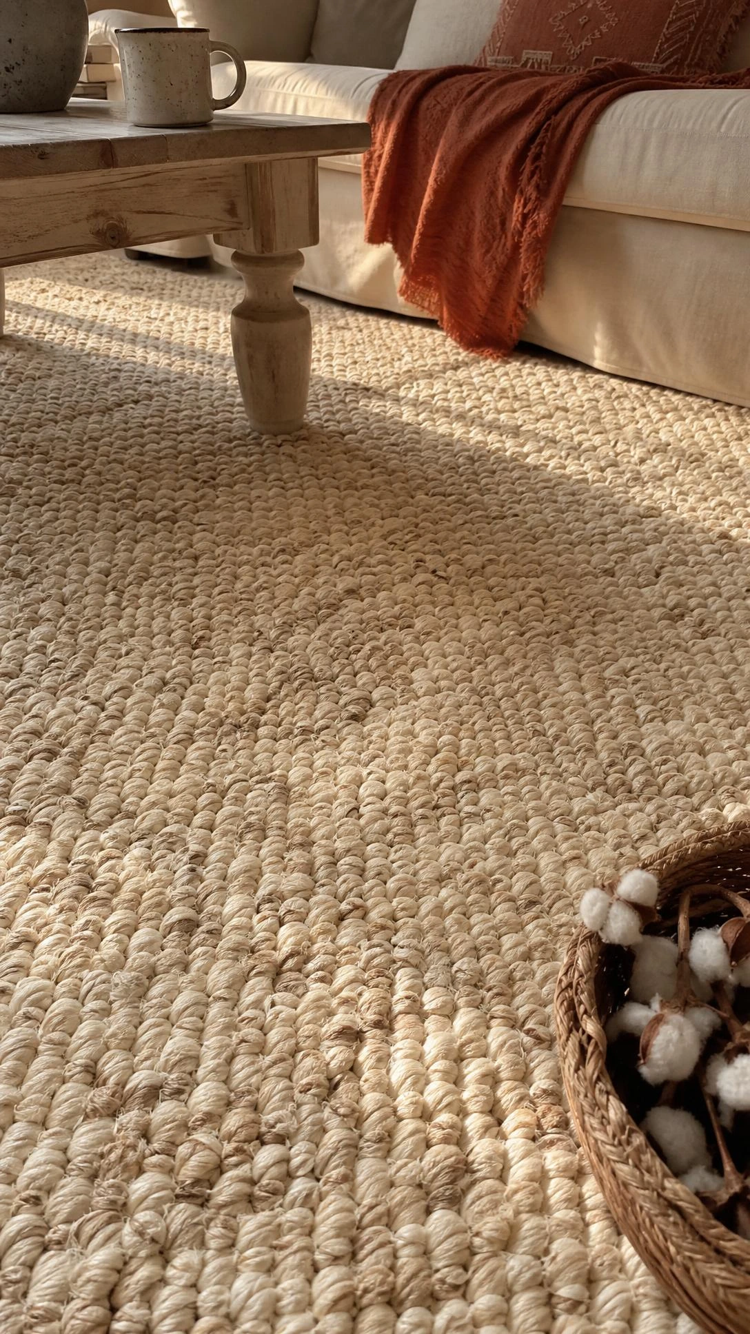 Chunky woven area rug in creamy ivory and natural flax tones, thick hand-twisted loops casting soft shadows — a cozy farmhouse living room texture detail