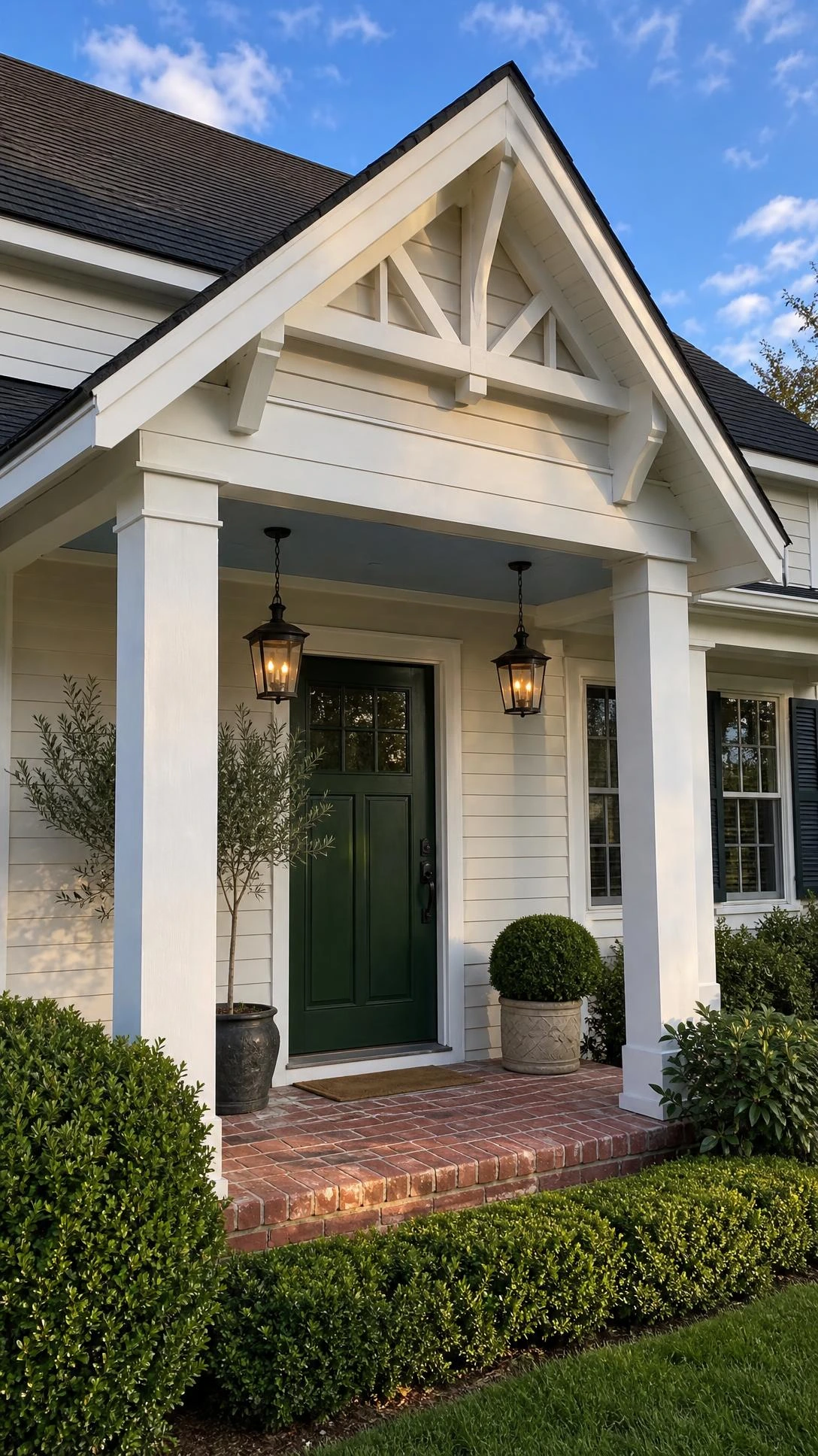 Classic gable porch roof with charcoal architectural shingles and crisp white fascia framing a welcoming front entrance against a blue sky