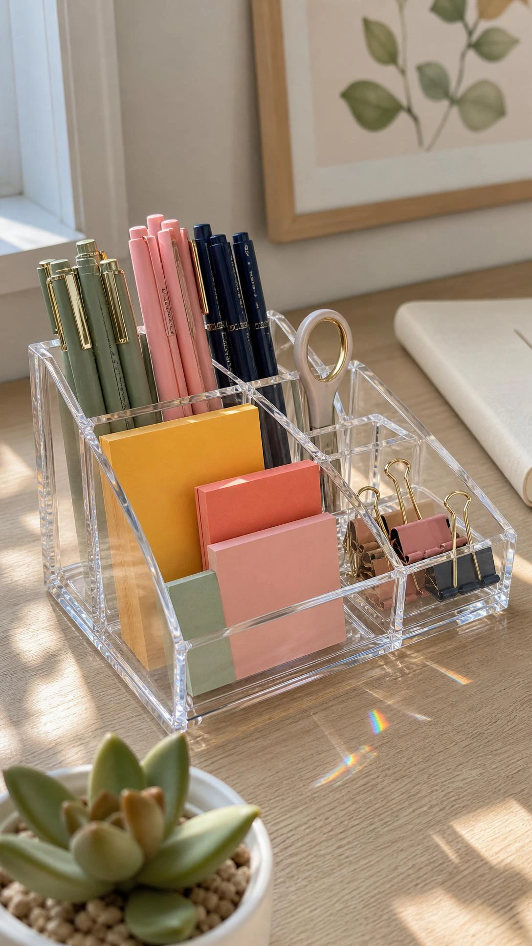 Clear acrylic desk organizer on light wood surface holding color-sorted pens, sticky notes, and scissors for a tidy home office