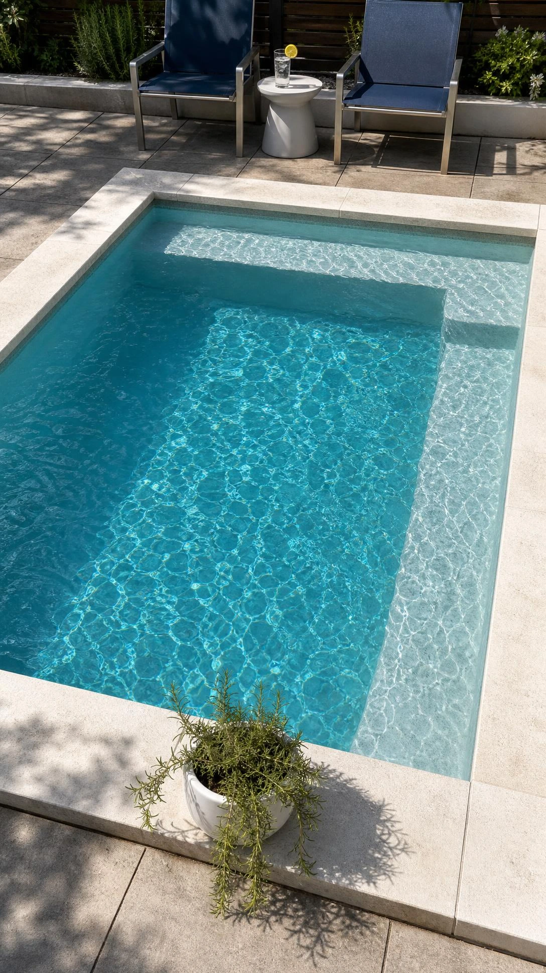 Compact 8x12 cocktail pool with built-in bench seating finished in deep aqua plaster, designed for a small backyard patio