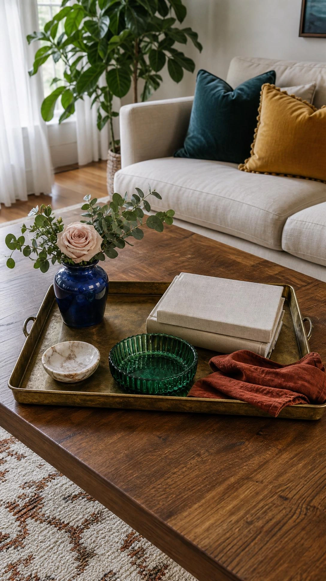 Coffee table tray styling with a vintage brass tray, cobalt vase, eucalyptus, blush rose, and ribbed candle on walnut table