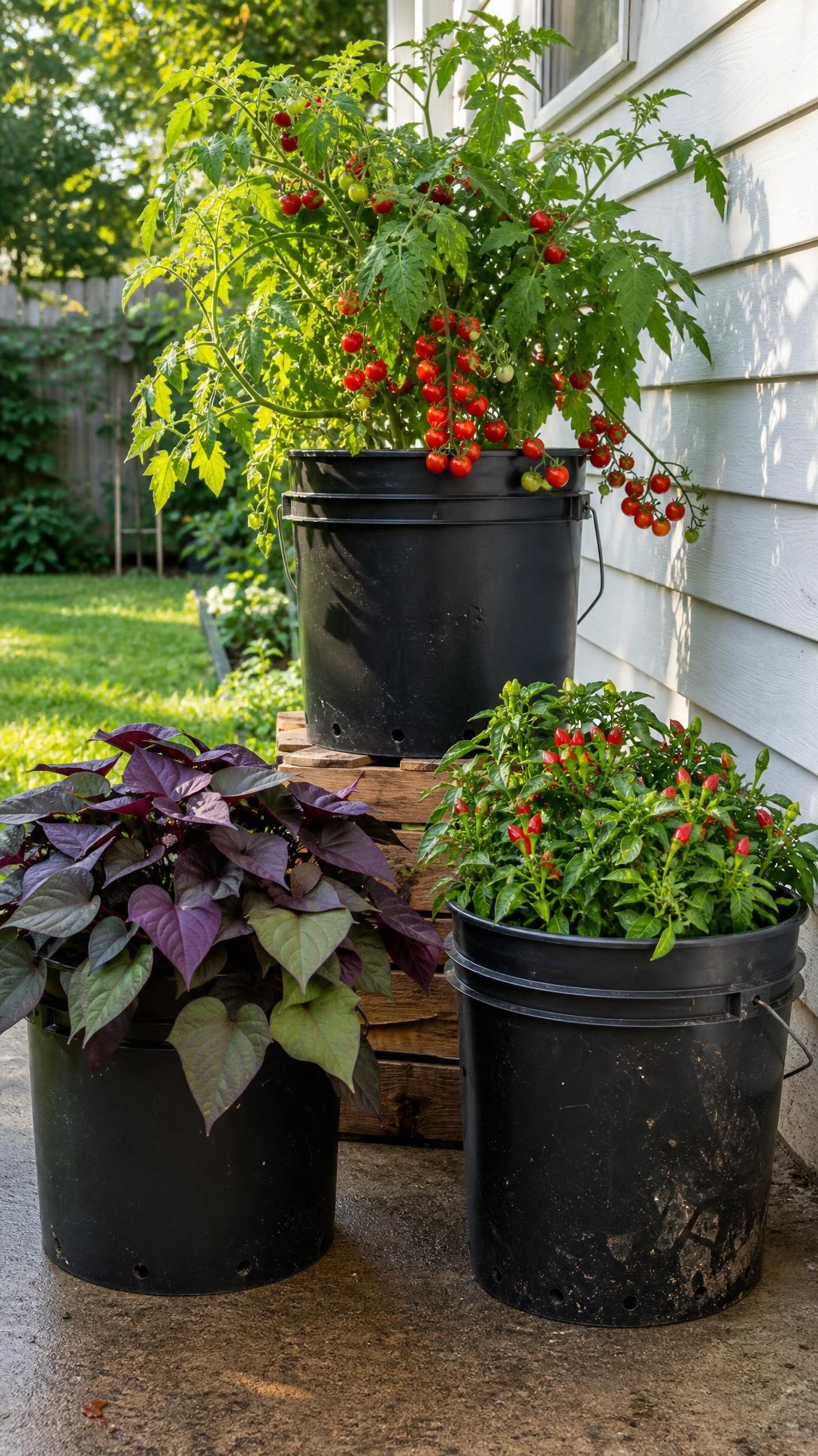 Matte black 5-gallon buckets overflowing with cherry tomatoes and lush greens on a small backyard patio, showing how container gardening transforms limited outdoor space