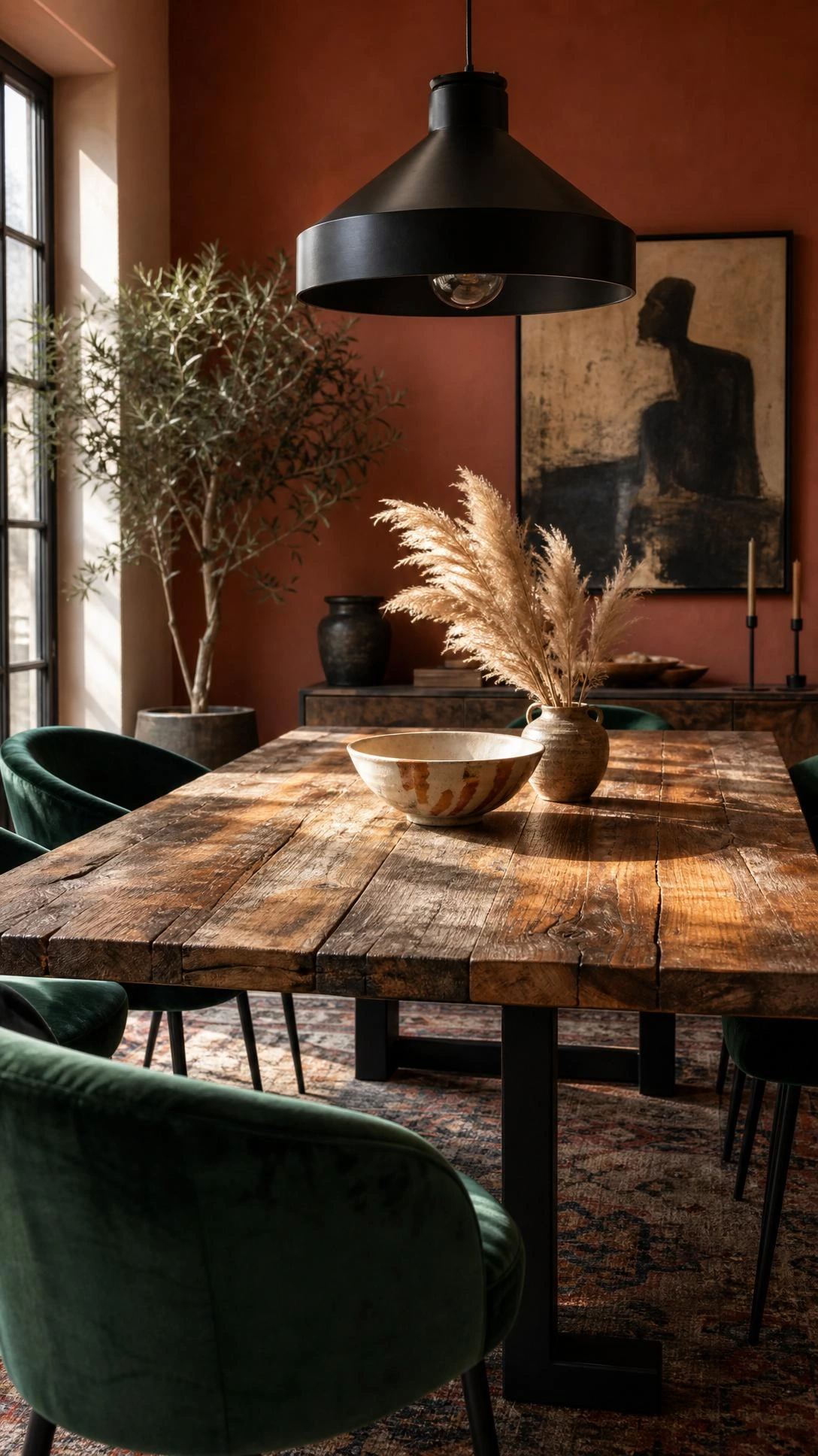 Reclaimed wood dining table with deep grain texture and amber tones paired with a sleek matte black object, showing how contrast materials create warmth in eclectic luxury interiors