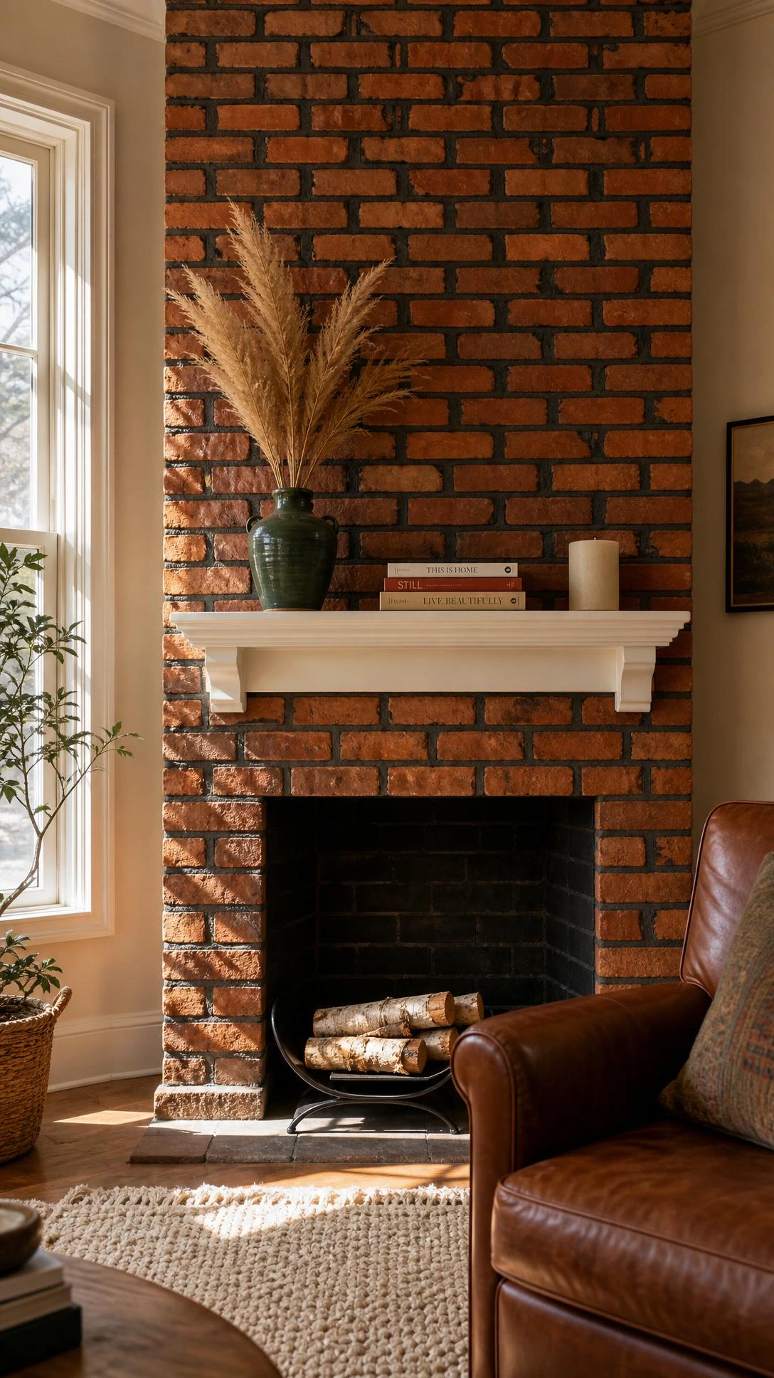 Exposed brick fireplace with dark charcoal grout lines making terracotta bricks pop, a designer contrast technique for living rooms