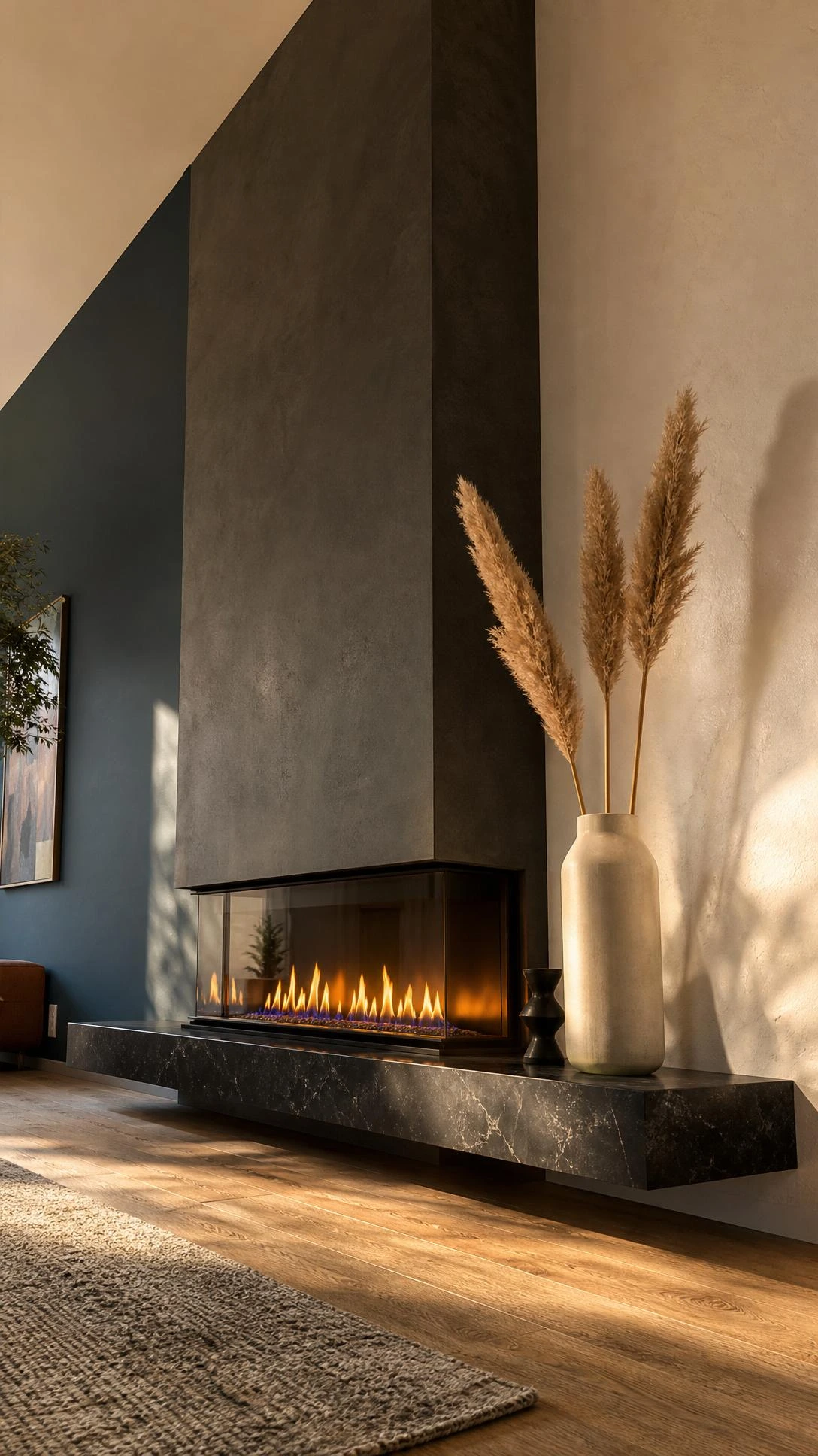 Sleek corner fireplace with matte charcoal concrete surround glowing with linear amber and blue flames, showing how a geometric corner installation elevates a living room