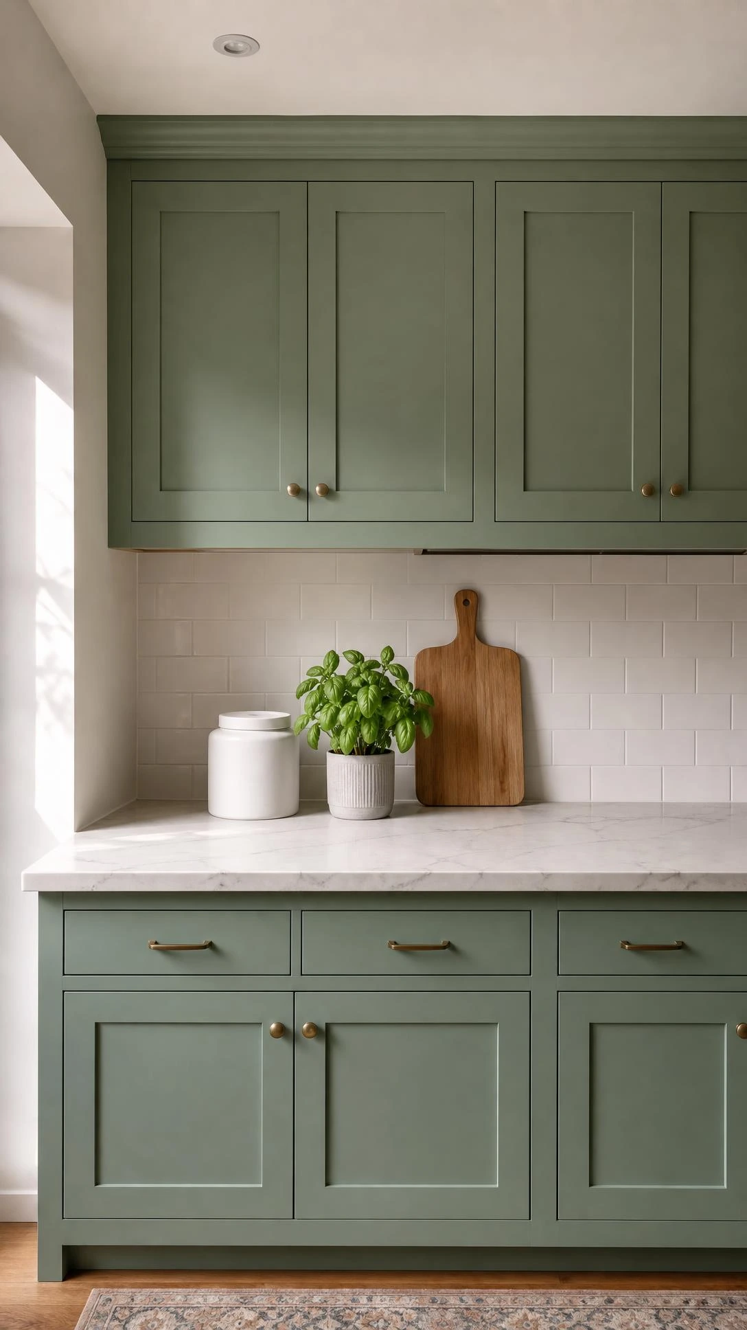 Minimalist kitchen counter styled with only three items — a matte white ceramic canister, potted herb plant, and leaning wooden cutting board on veined stone